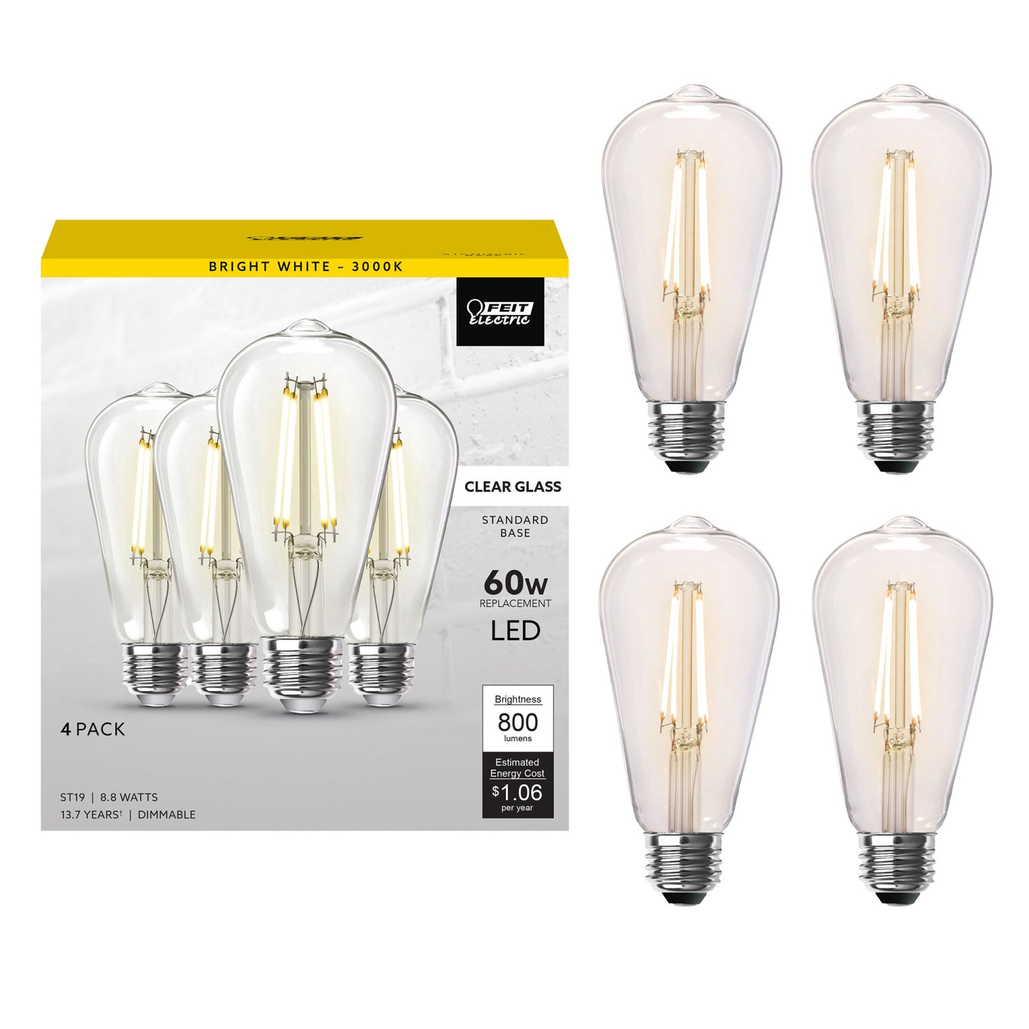 8.8W (60W Replacement) ST19 E26 Dimmable Straight Filament Clear Glass Vintage Edison LED Light Bulb, Bright White (4-Pack)