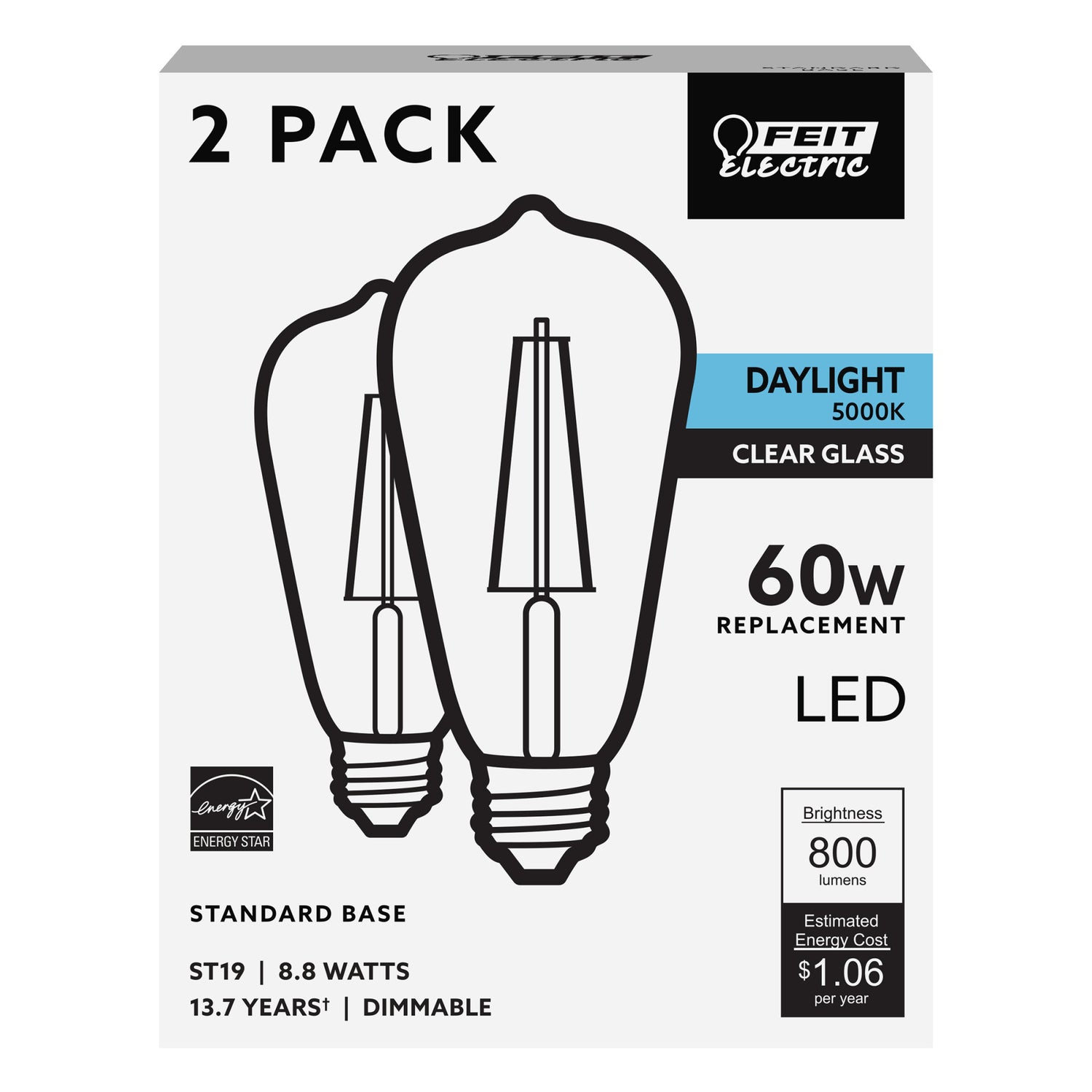 8.8W (60W Replacement) ST19 E26 Dimmable Straight Filament Clear Glass Vintage Edison LED Light Bulb, Daylight (2-Pack)