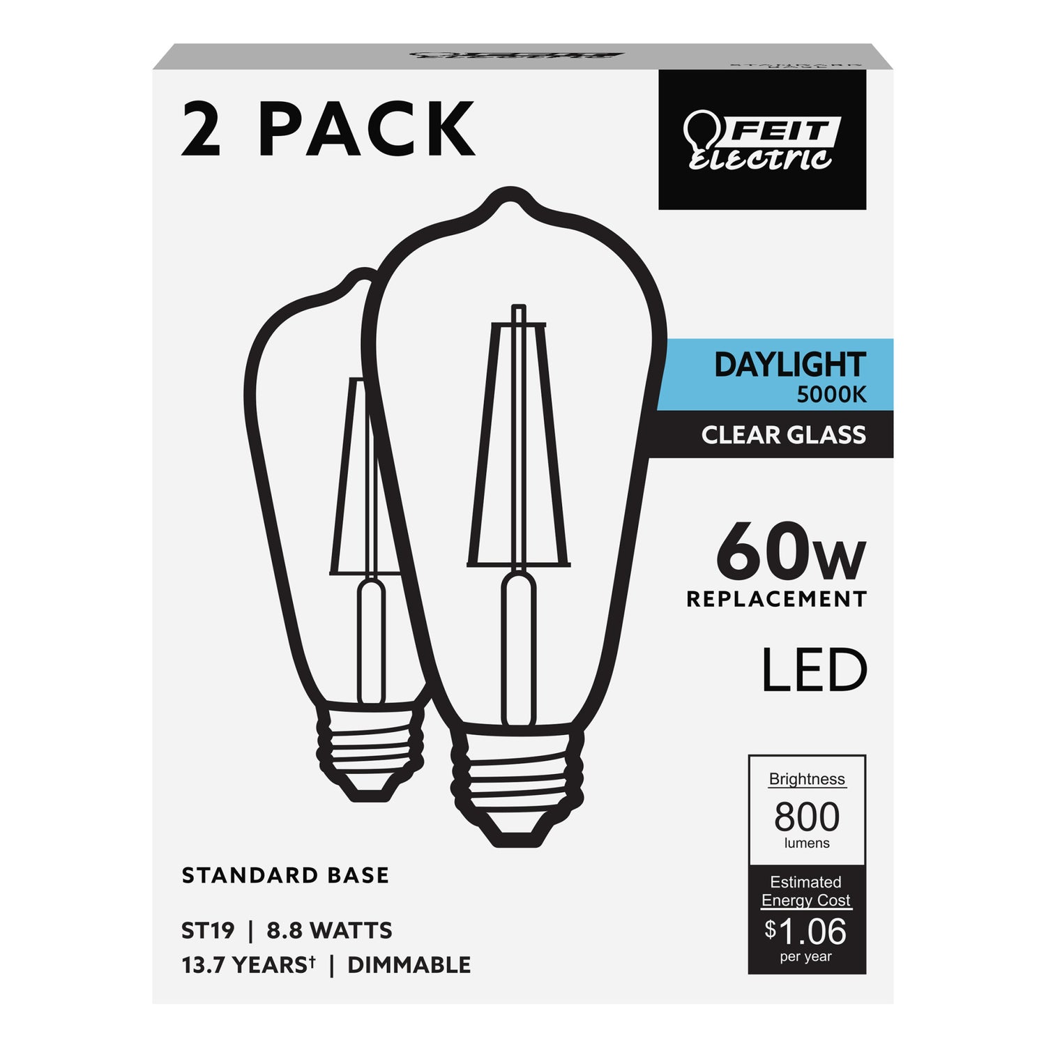 8.8W (60W Replacement) ST19 E26 Dimmable Straight Filament Clear Glass Vintage Edison LED Light Bulb, Daylight (2-Pack)