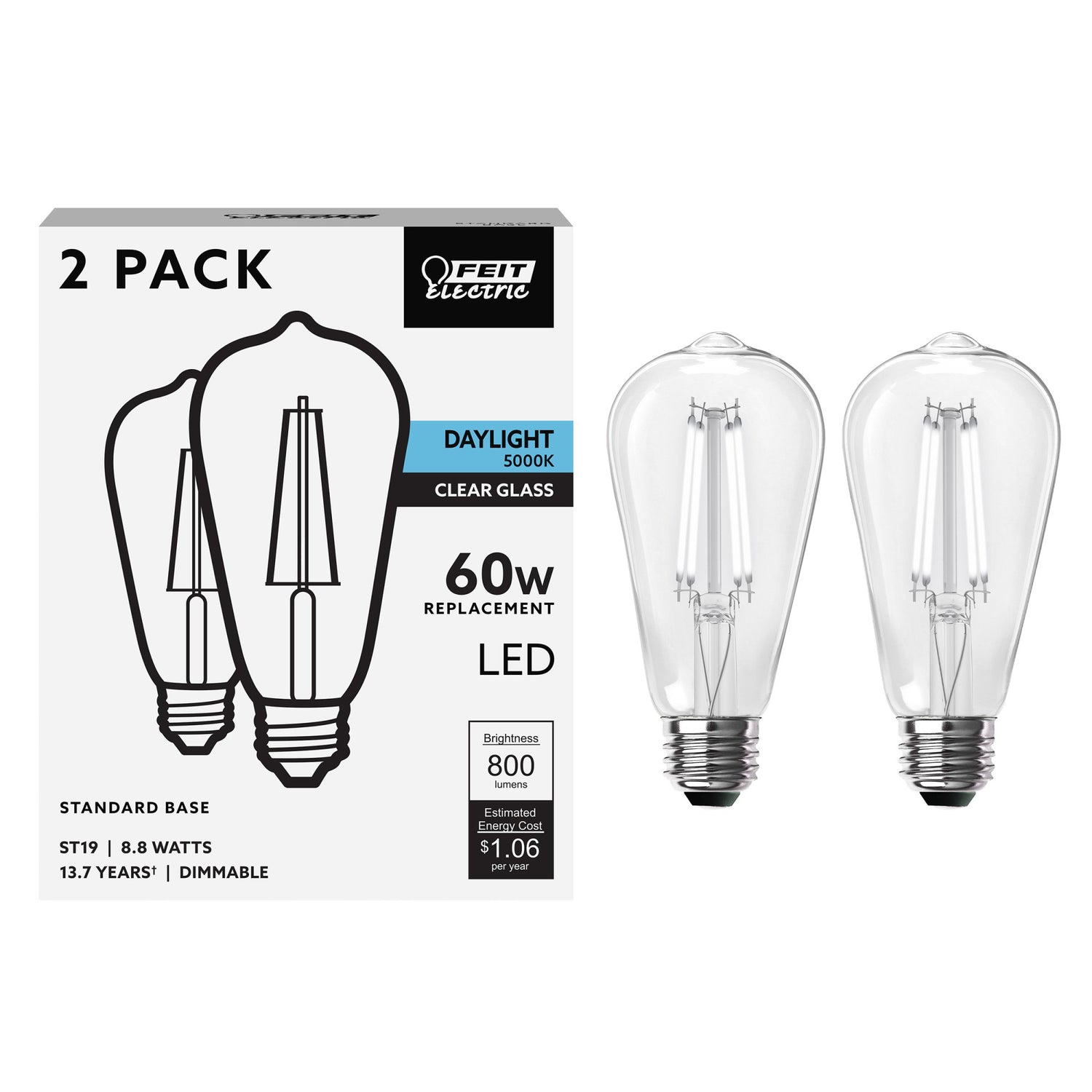 8.8W (60W Replacement) ST19 E26 Dimmable Straight Filament Clear Glass Vintage Edison LED Light Bulb, Daylight (2-Pack)