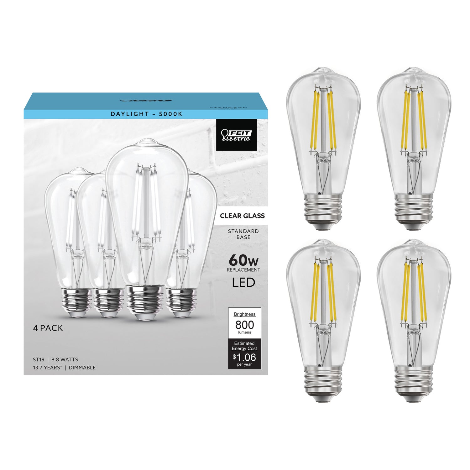 8.8W (60W Replacement) ST19 E26 Dimmable Clear Glass Vintage Edison LED Light Bulb, Daylight (4-Pack)