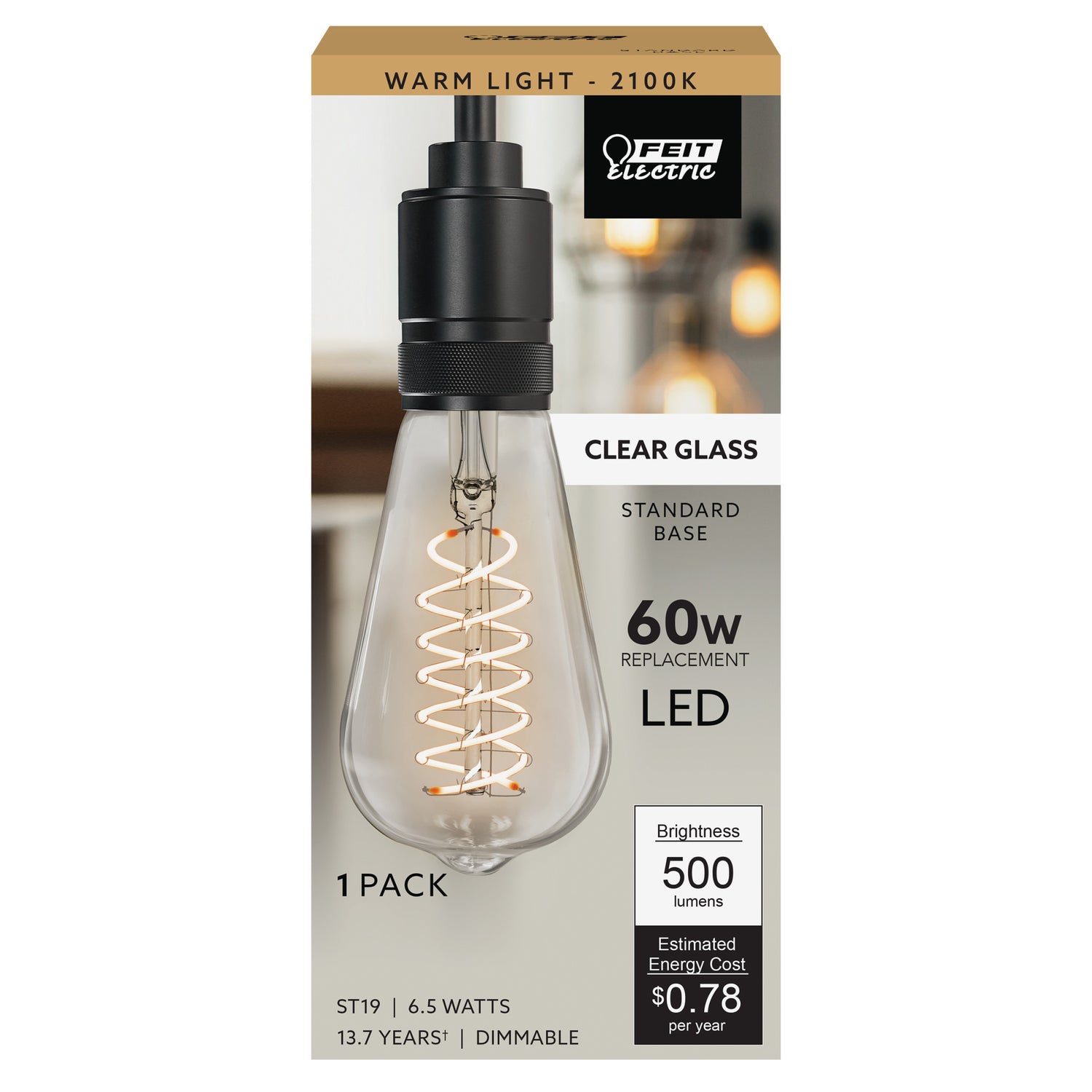 6.5W (60W Replacement) ST19 E26 Spiral Filament Clear Glass Vintage Edison LED Light Bulb, Warm Light