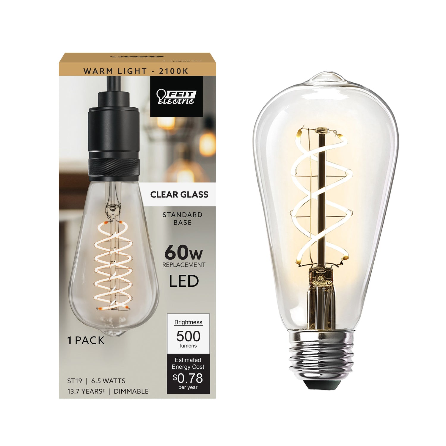 6.5W (60W Replacement) ST19 E26 Spiral Filament Clear Glass Vintage Edison LED Light Bulb, Warm Light