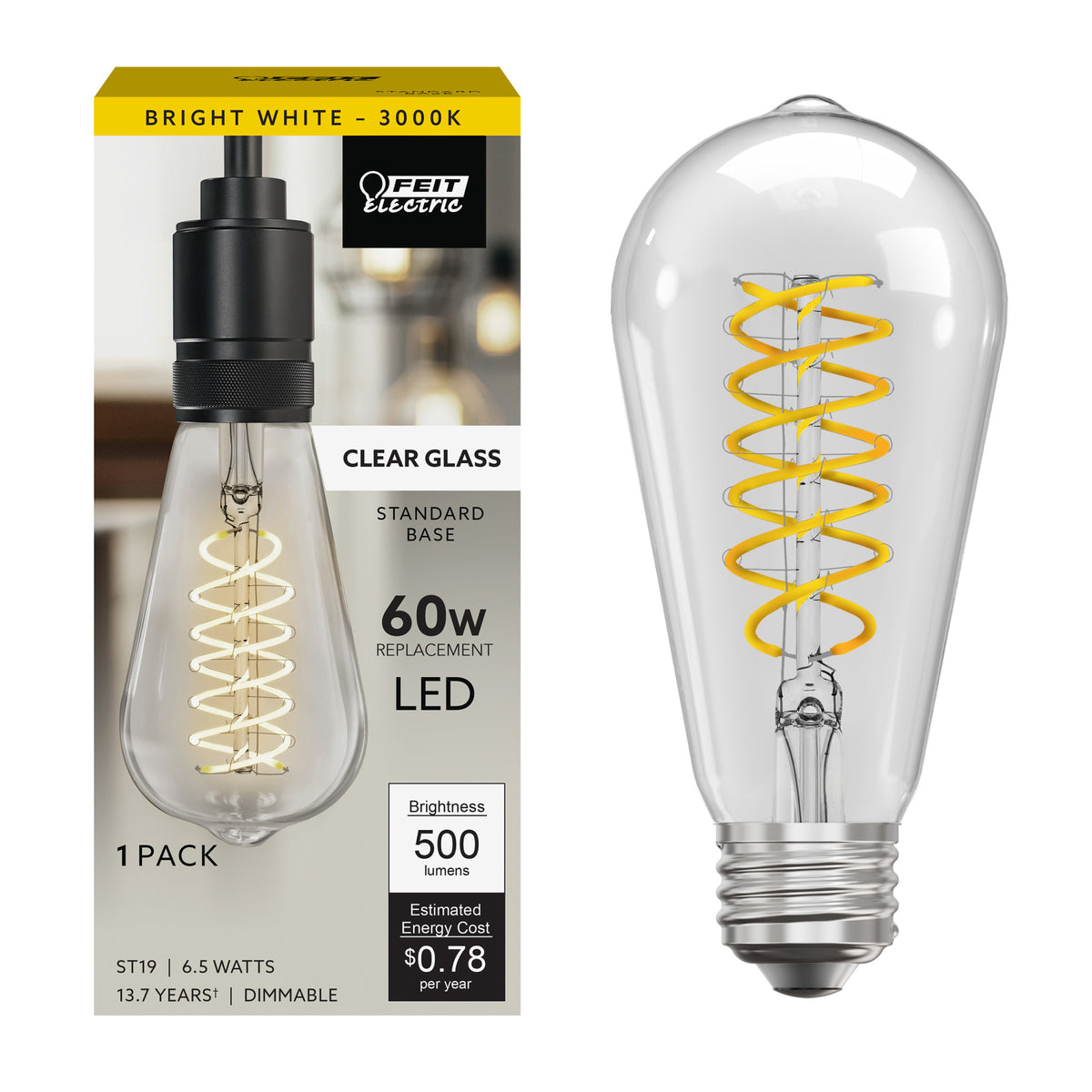 6.5W (60W Replacement) ST19 E26 Dimmable Spiral Filament Clear Glass Vintage Edison LED Light Bulb, Bright White