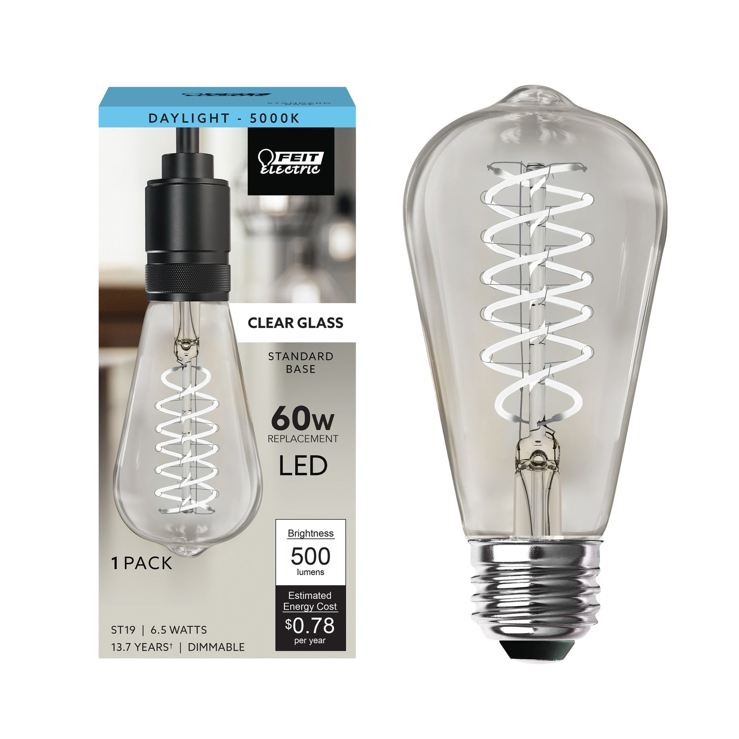 6.5W (60W Replacement) ST19 E26 Dimmable Spiral Filament Clear Glass Vintage Edison LED Light Bulb, Daylight