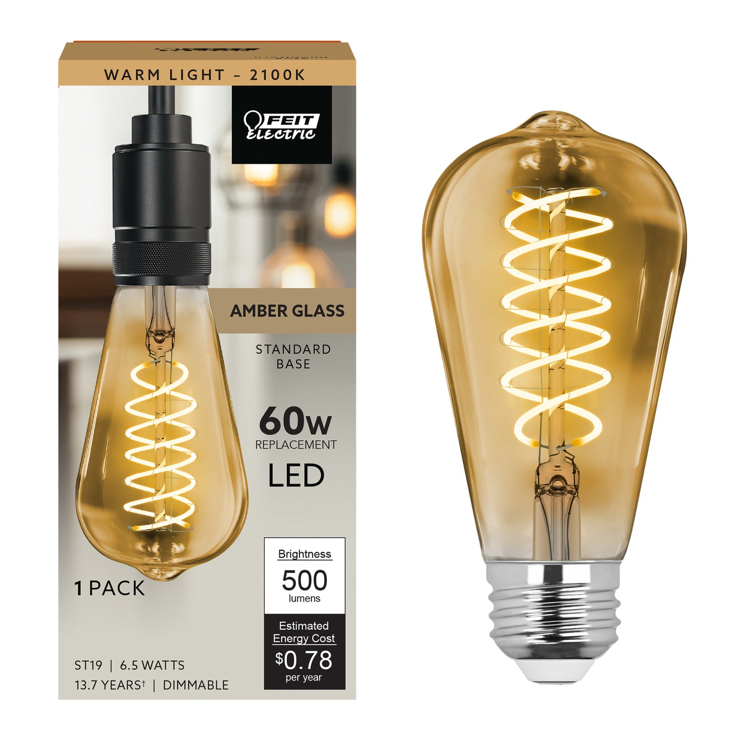 6.5W (60W Replacement) ST19 E26 Dimmable Spiral Filament Amber Glass Vintage Edison LED Light Bulb, Warm Light