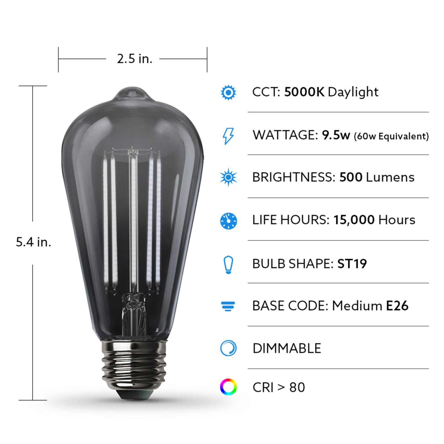 9.5W (60W Replacement) ST19 E26 Dimmable Straight Filament Smoke Glass Vintage Edison LED Light Bulb, Daylight