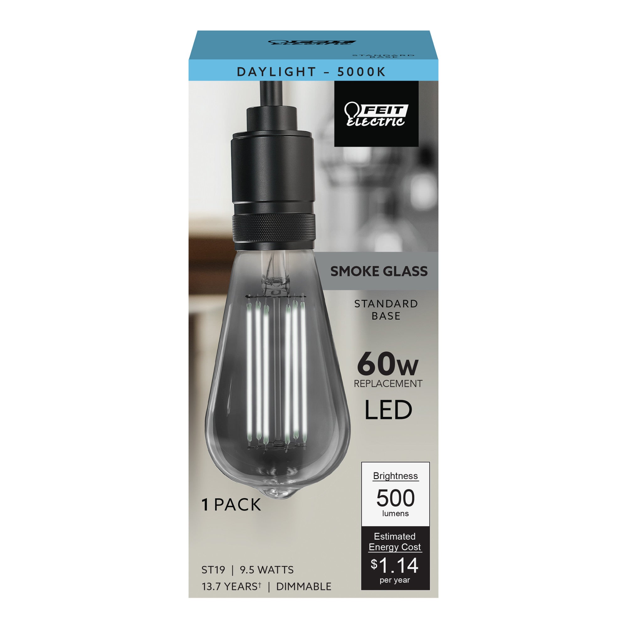9.5W 60W Replacement ST19 E26 Dimmable Straight Filament Smoke Glass Vintage Edison LED Light Bulb