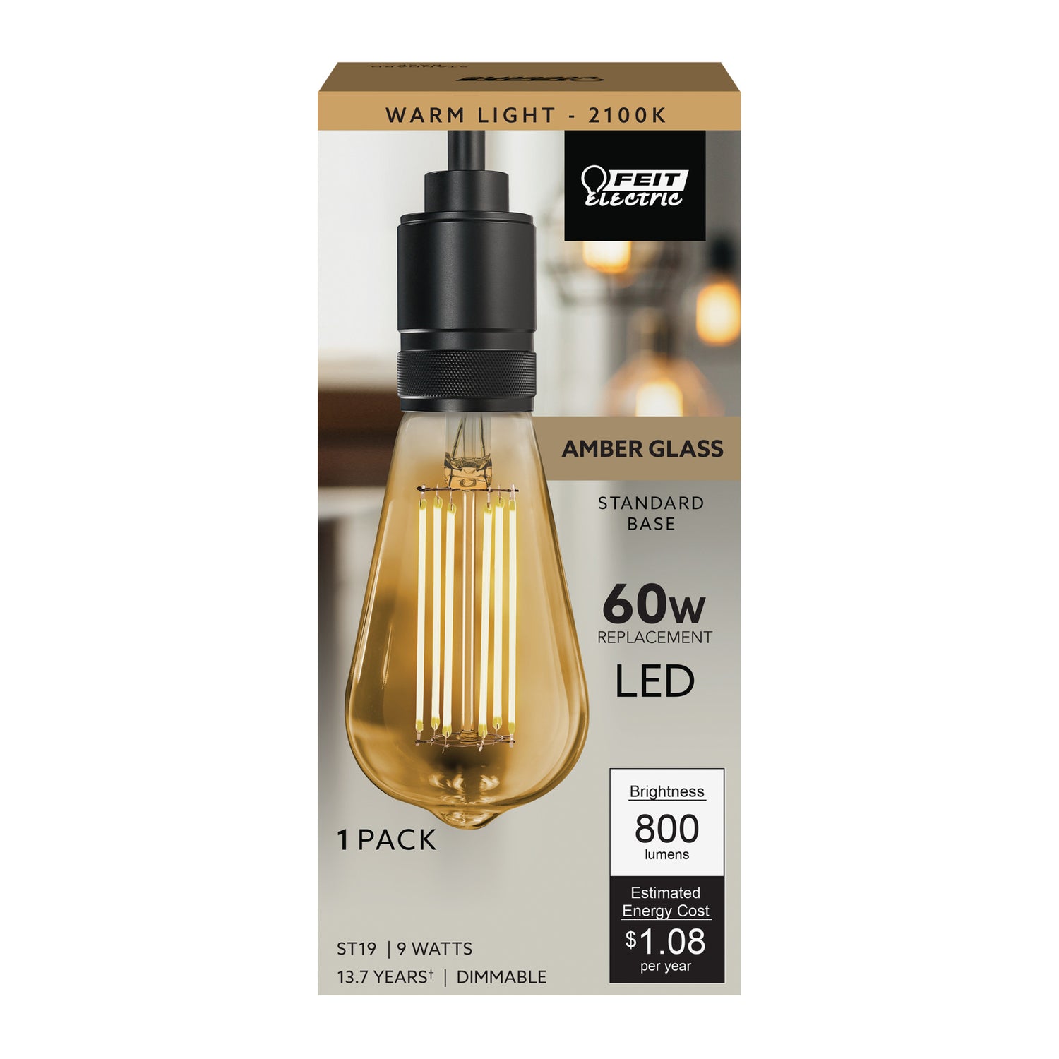 9W (60W Replacement) ST19 E26 Dimmable Straight Filament Amber Glass Vintage Edison LED Light Bulb, Warm Light