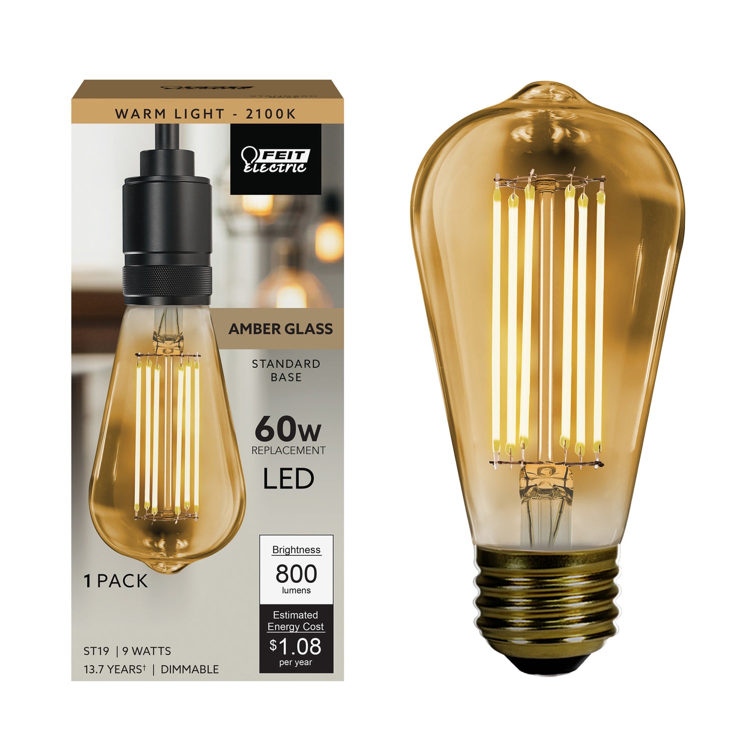 9W (60W Replacement) ST19 E26 Dimmable Straight Filament Amber Glass Vintage Edison LED Light Bulb, Warm Light