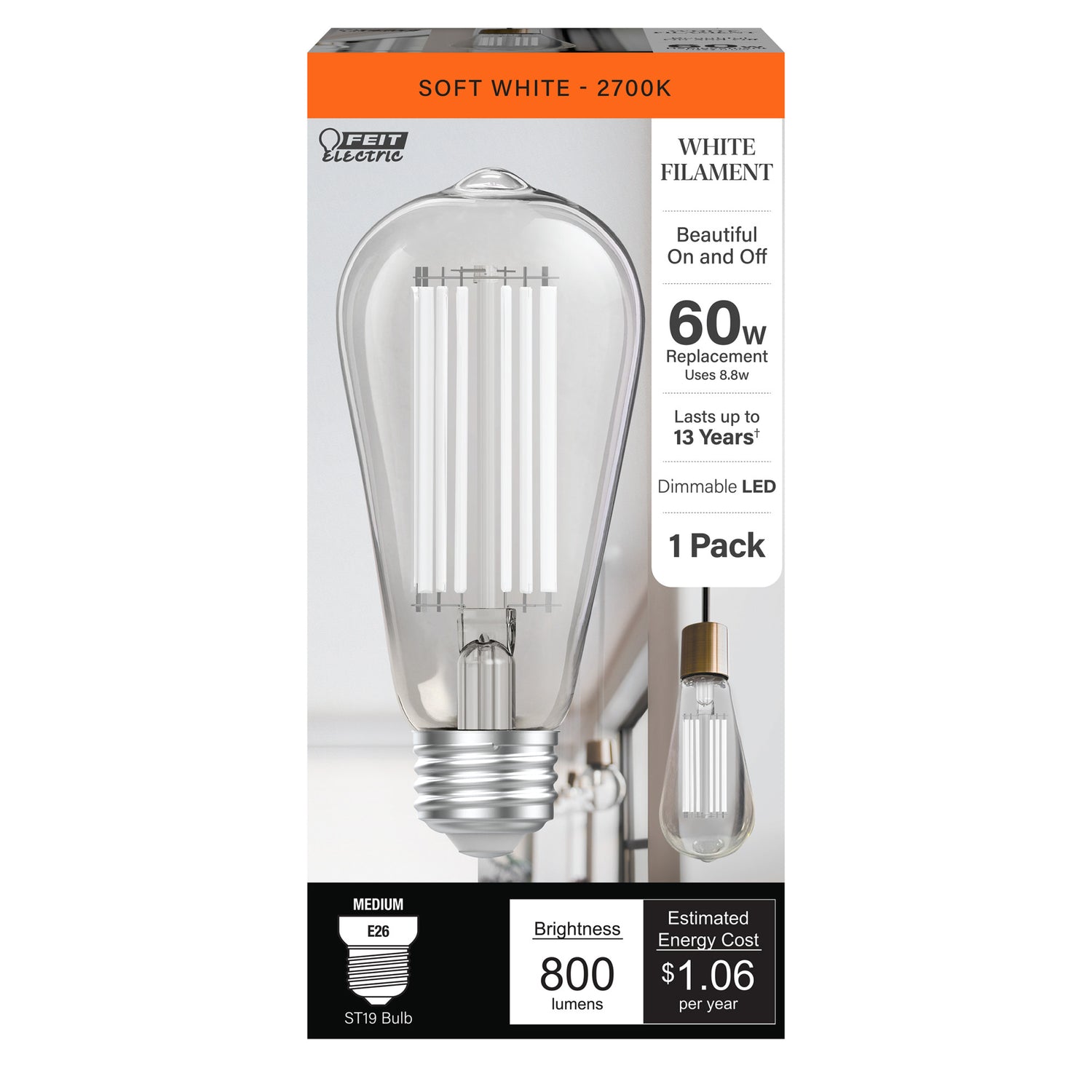 8.8W (60W Replacement) Soft White (2700K) ST19 Shape (E26 Base) LED Exposed White Filament Bulb