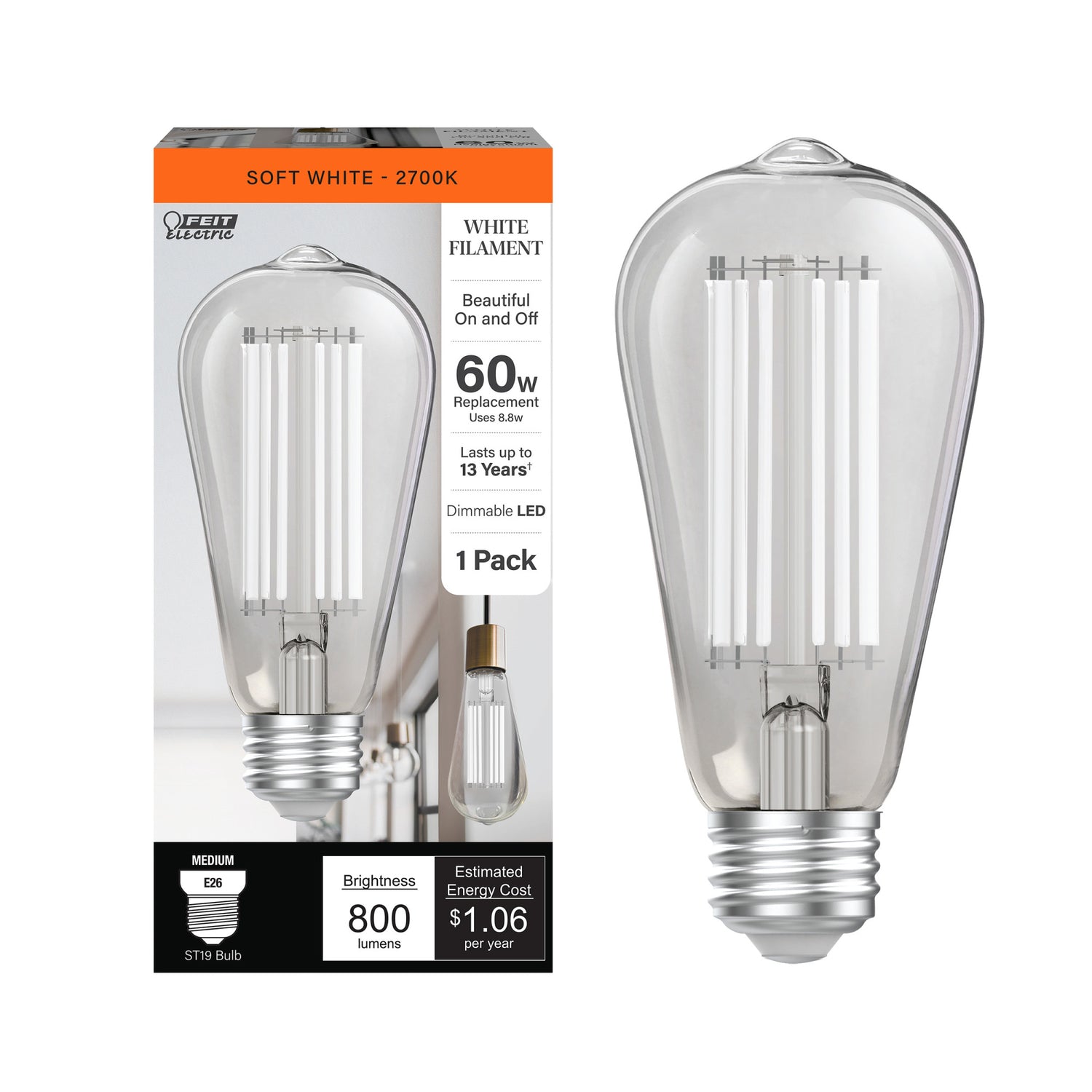 8.8W (60W Replacement) Soft White (2700K) ST19 Shape (E26 Base) LED Exposed White Filament Bulb