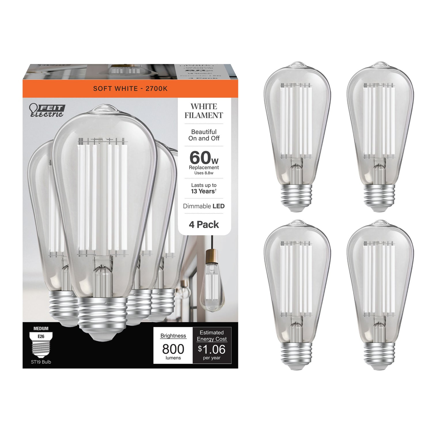 8.8W (60W Replacement) Soft White (2700K) ST19 Shape (E26 Base) LED Exposed White Filament Bulb (4-Pack)