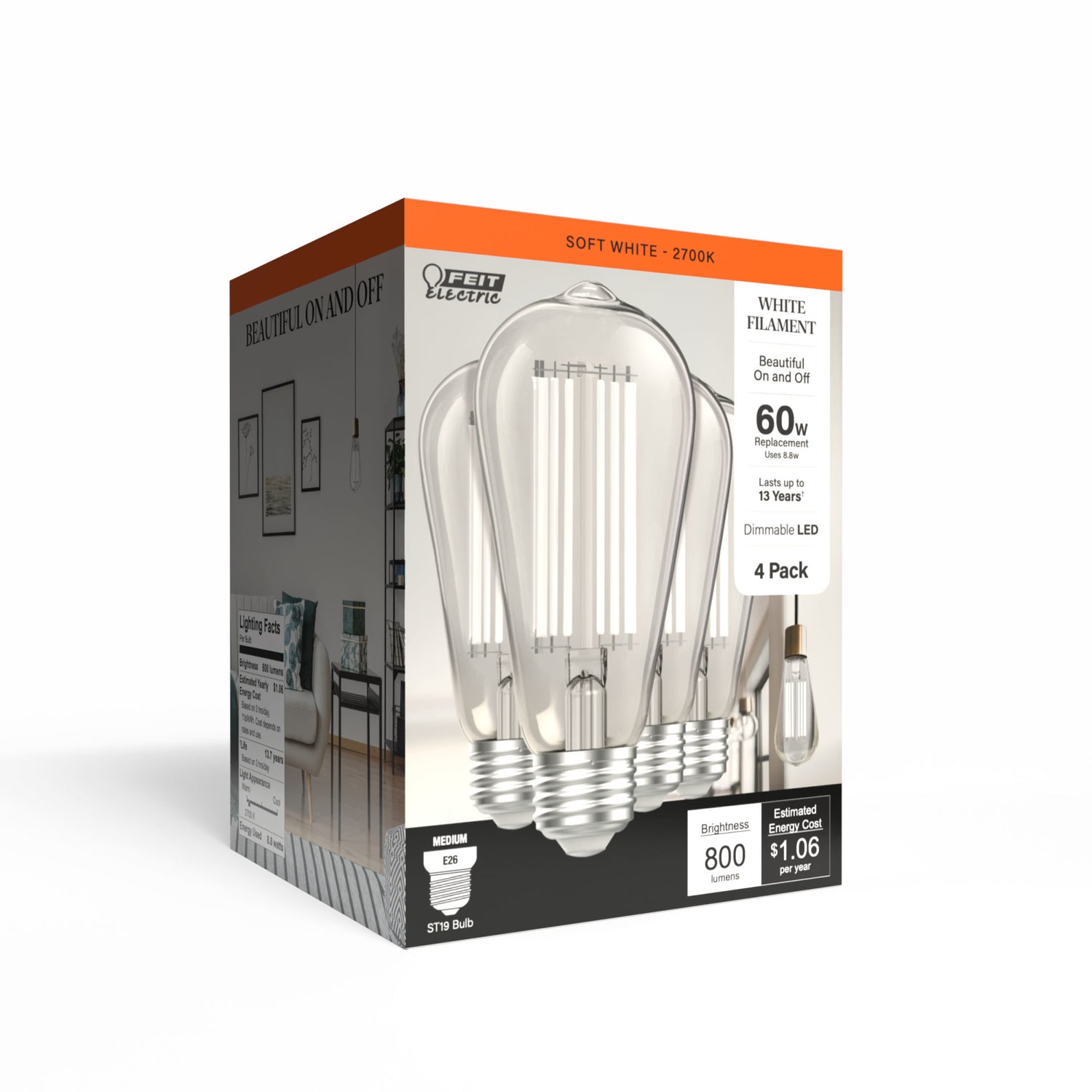 8.8W (60W Replacement) Soft White (2700K) ST19 Shape (E26 Base) LED Exposed White Filament Bulb (4-Pack)