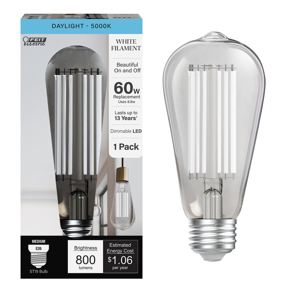 8.8W (60W Replacement) Daylight (5000K) ST19 Shape (E26 Base) LED Exposed White Filament Bulb
