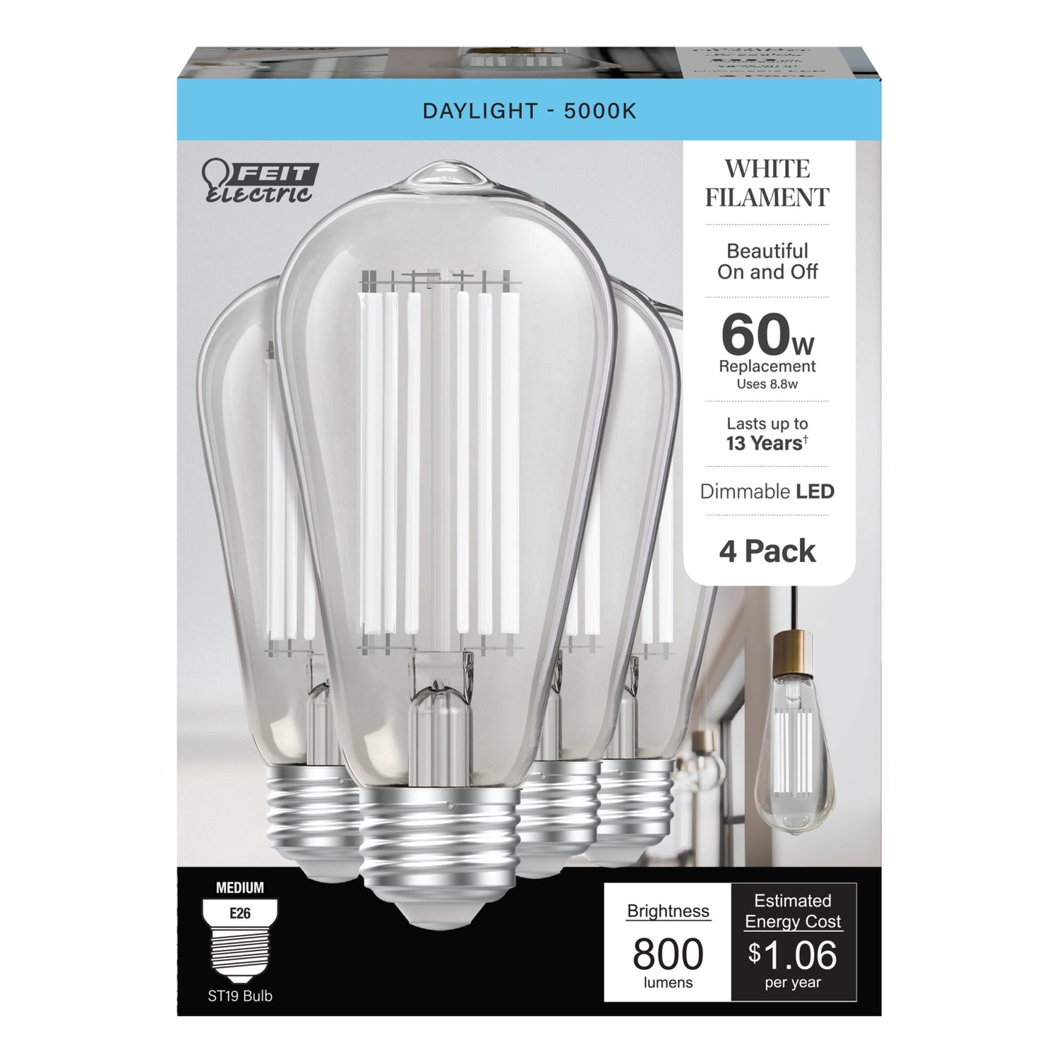 8.8W (60W Replacement) Daylight (5000K) ST19 Shape (E26 Base) LED Exposed White Filament Bulb (4-Pack)