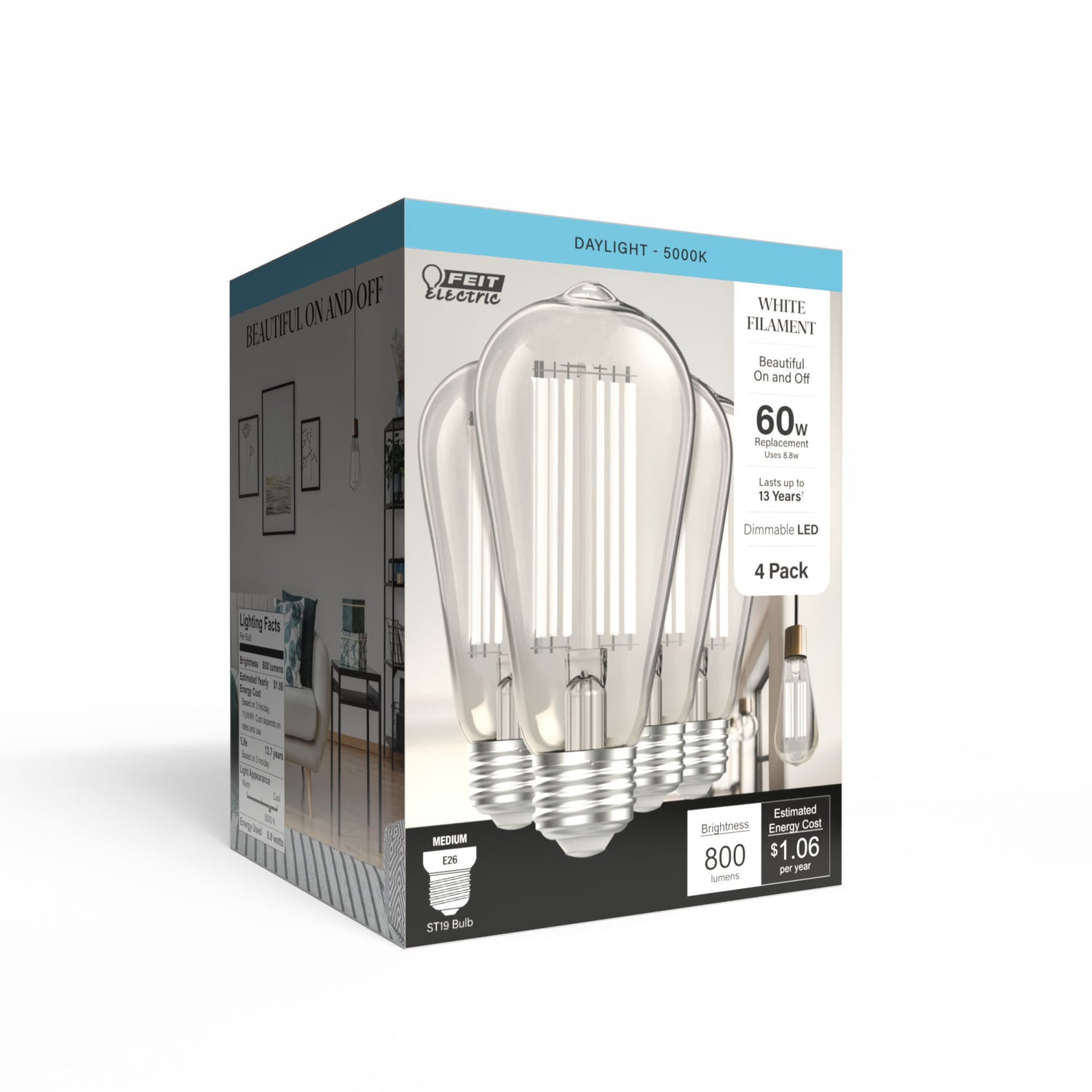 8.8W (60W Replacement) Daylight (5000K) ST19 Shape (E26 Base) LED Exposed White Filament Bulb (4-Pack)