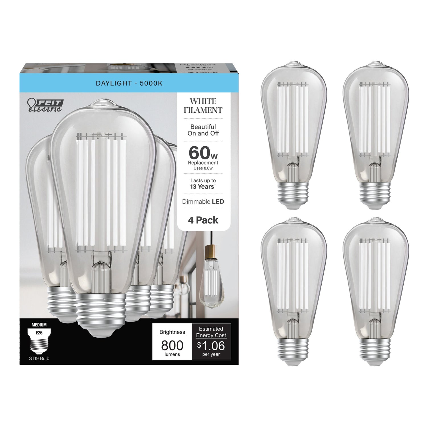 8.8W (60W Replacement) Daylight (5000K) ST19 Shape (E26 Base) LED Exposed White Filament Bulb (4-Pack)