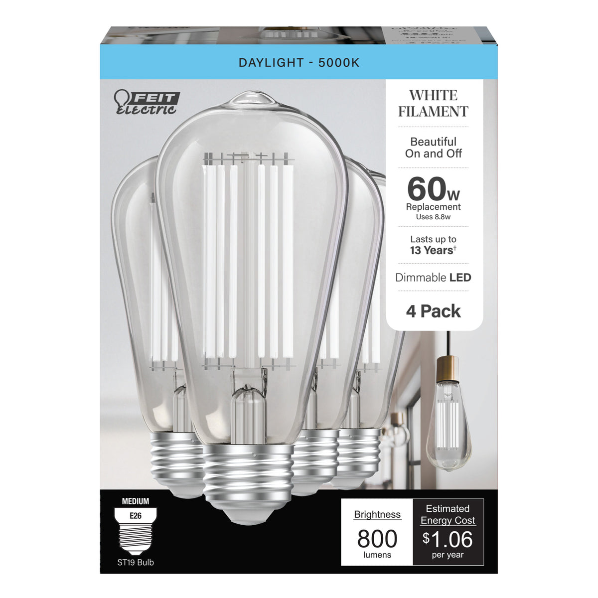 8.8W (60W Replacement) Daylight (5000K) ST19 Shape (E26 Base) LED Exposed White Filament Bulb (4-Pack)