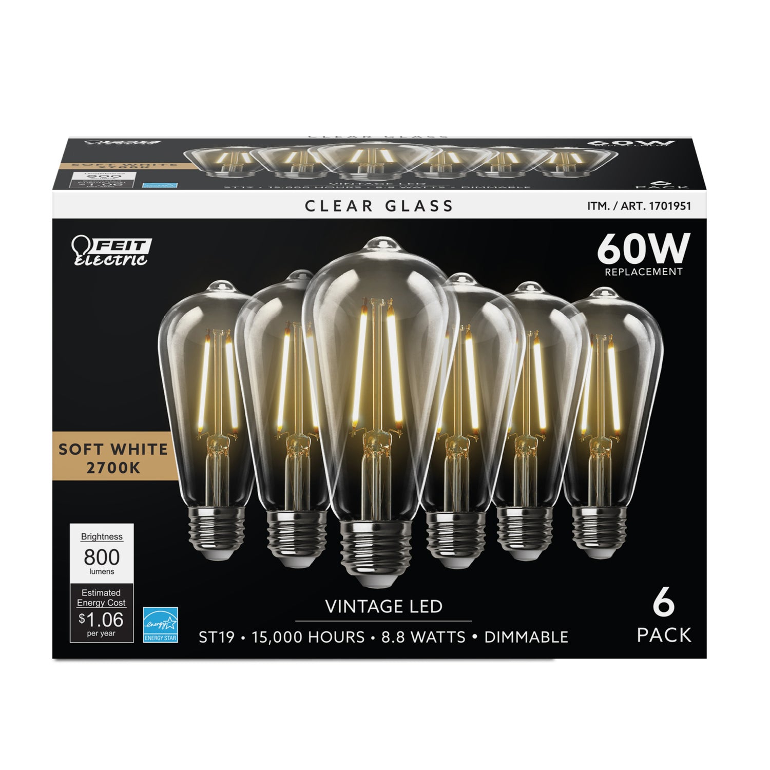 8.8W (60W Replacement) ST19 E26 Dimmable Straight Filament Clear Glass Vintage Edison LED Light Bulb, Soft White (6-Pack)