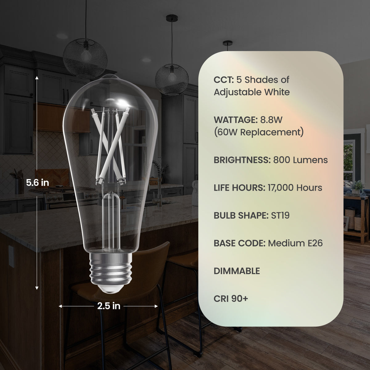 8.8W (60W Replacement) Adjustable White 5CCT E26 Base ST19 LED White Filament Bulb (2-Pack)