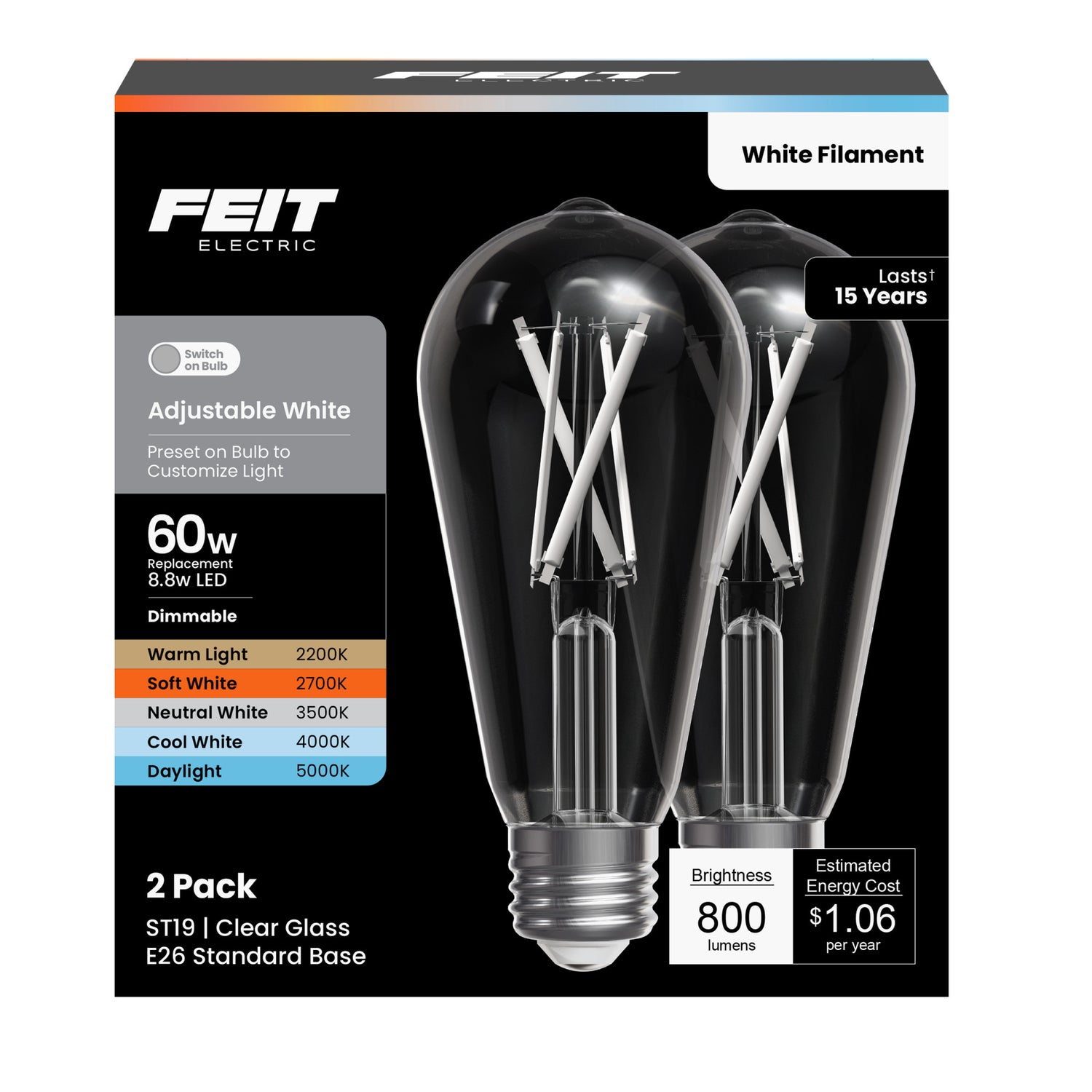 8.8W (60W Replacement) Adjustable White 5CCT E26 Base ST19 LED White Filament Bulb (2-Pack)
