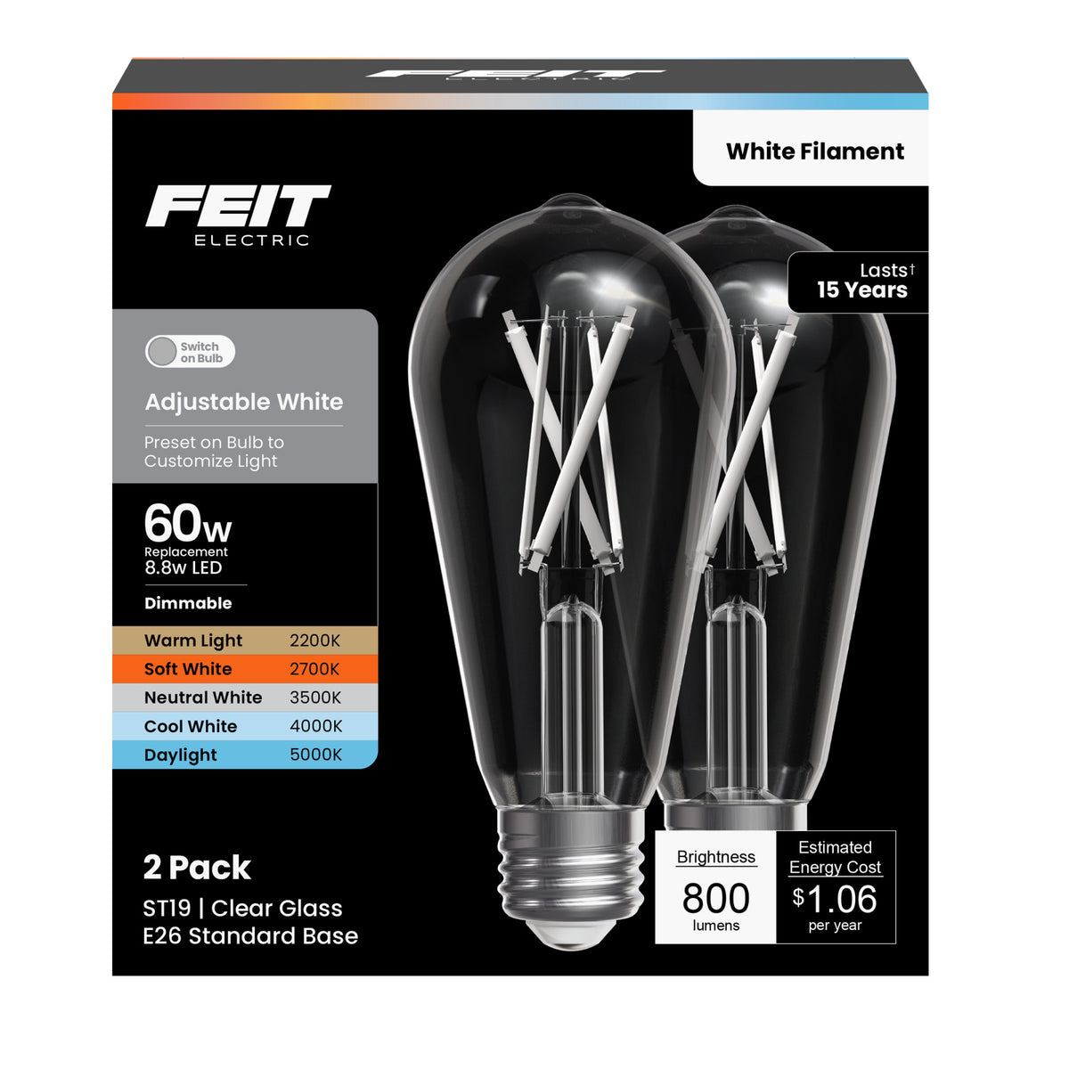 8.8W (60W Replacement) Adjustable White 5CCT E26 Base ST19 LED White Filament Bulb (2-Pack)