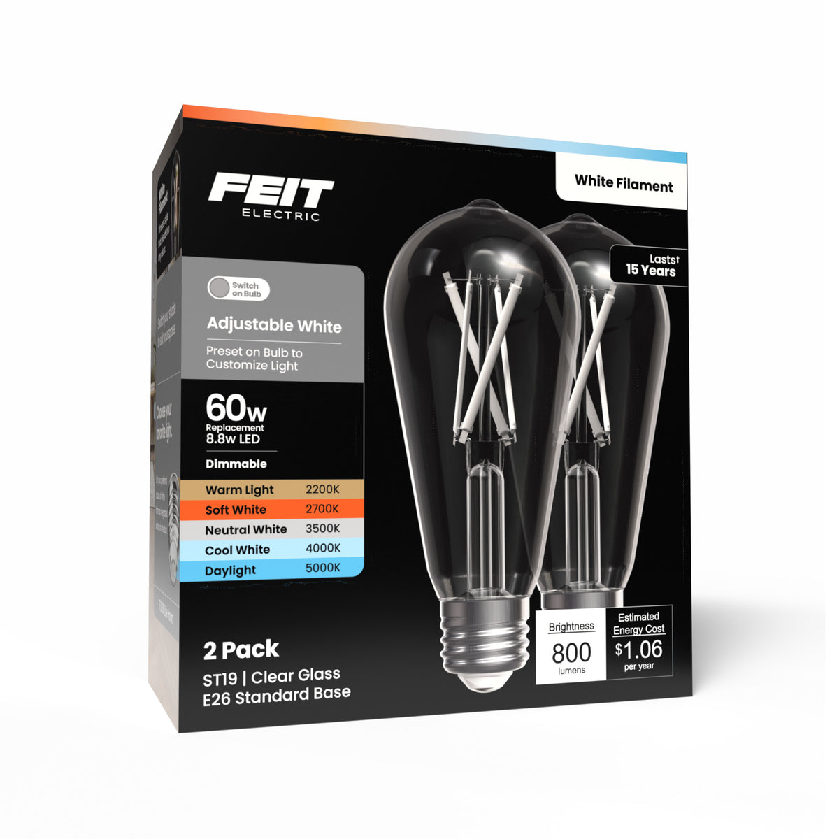 8.8W (60W Replacement) Adjustable White 5CCT E26 Base ST19 LED White Filament Bulb (2-Pack)