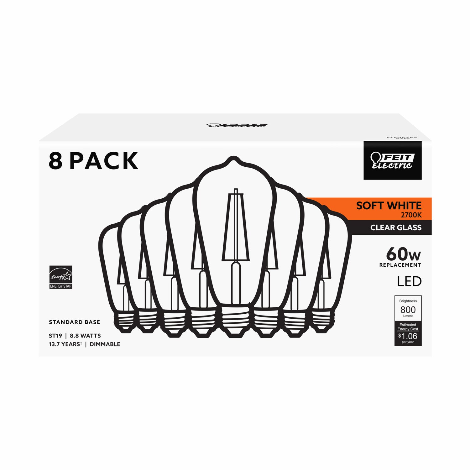 8.8W (60W Replacement) Soft White (2700K) E26 Base ST19 Dimmable Clear Glass Vintage Straight Filament LED (20-Pack)
