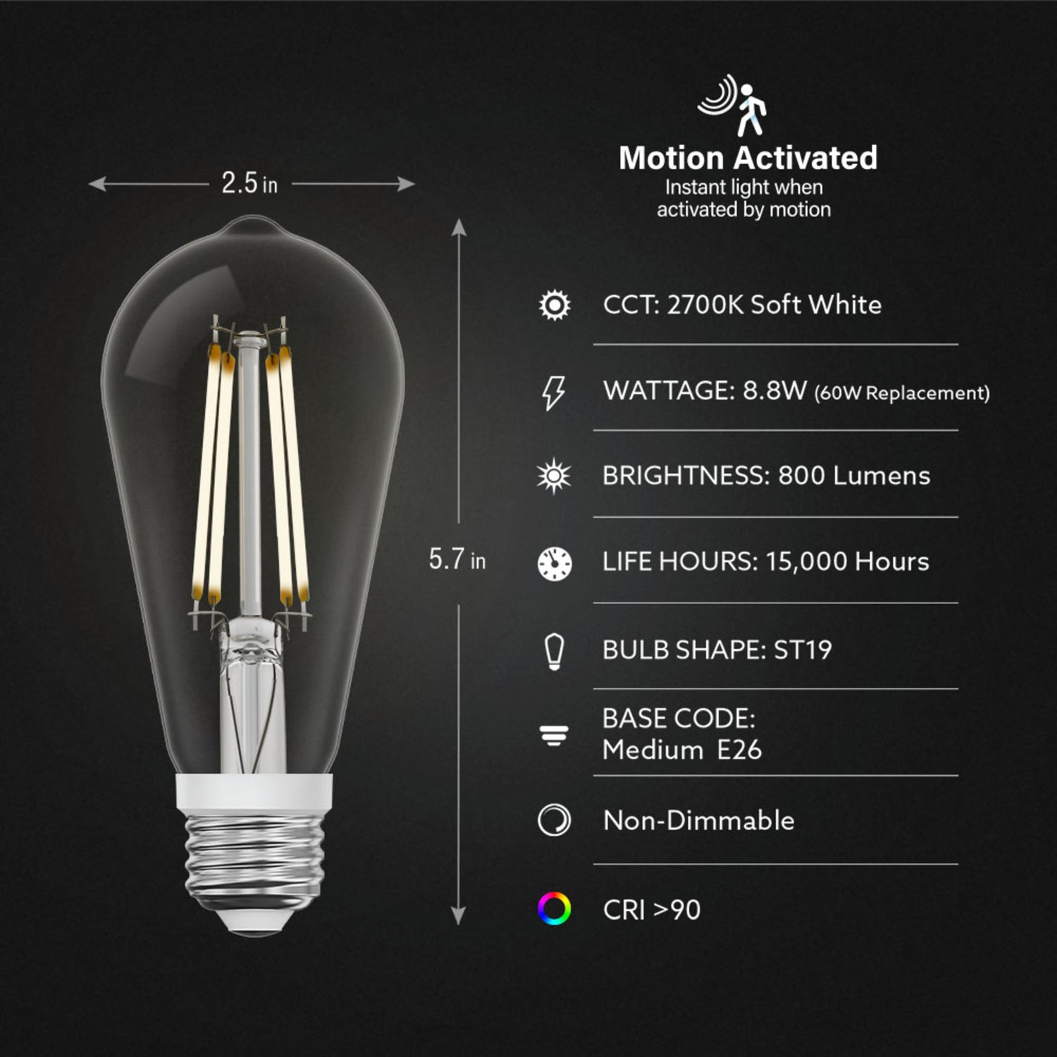8.8W (60W Replacement) ST19 E26 Motion Activated Straight Filament Clear Glass Vintage Edison LED Light Bulb, Soft White