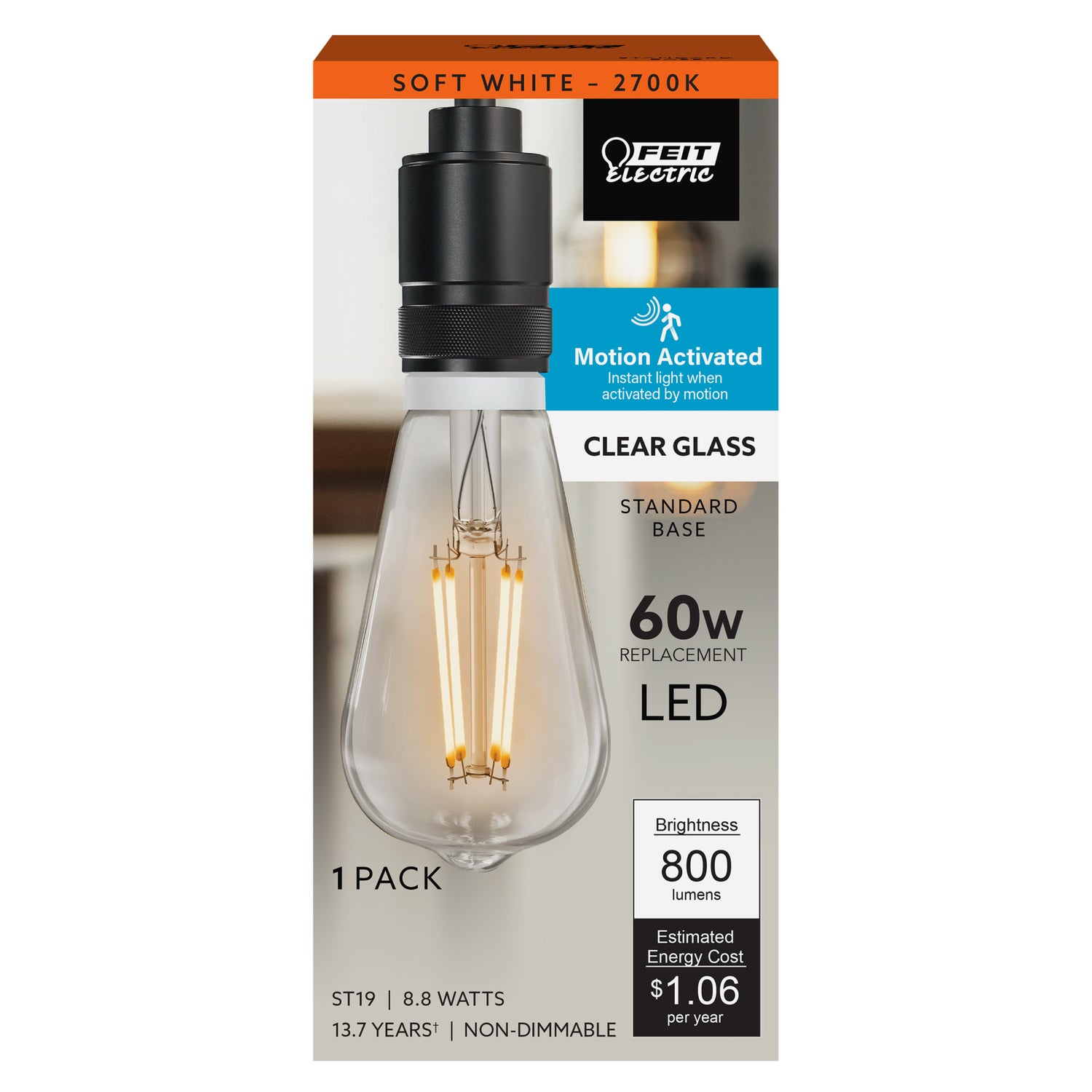 8.8W (60W Replacement) ST19 E26 Motion Activated Straight Filament Clear Glass Vintage Edison LED Light Bulb, Soft White