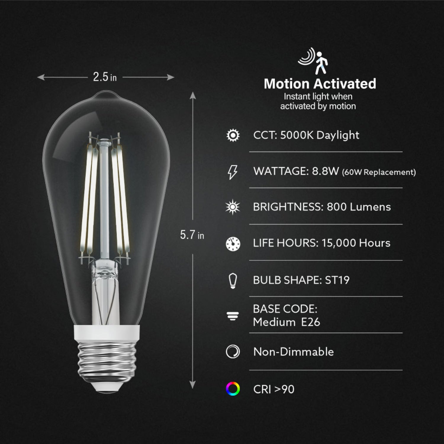 8.8W (60W Replacement) ST19 E26 Motion Activated Straight Filament Clear Glass Vintage Edison LED Light Bulb, Daylight