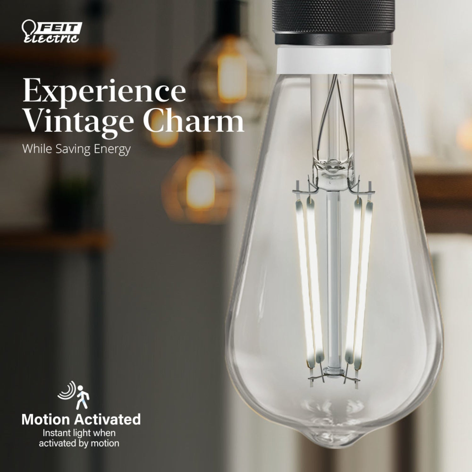 8.8W (60W Replacement) ST19 E26 Motion Activated Straight Filament Clear Glass Vintage Edison LED Light Bulb, Daylight