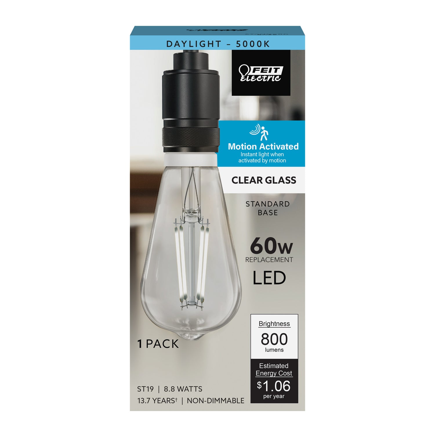 8.8W (60W Replacement) ST19 E26 Motion Activated Straight Filament Clear Glass Vintage Edison LED Light Bulb, Daylight