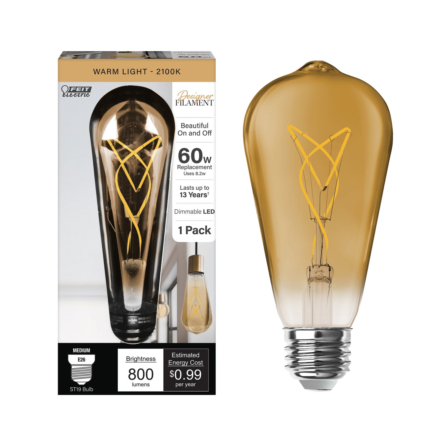 8.2W (60W Replacement) ST19 E26 Spiral Filament Amber Glass Vintage Edison LED Light Bulb, Warm Light