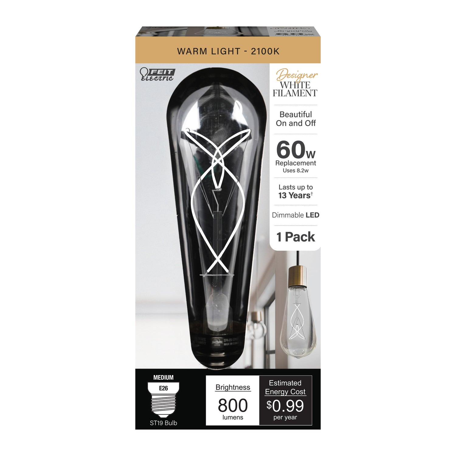 8.2W (60W Equivalent) Warm Light (2100K) ST19 Shape (E26 Base) LED Exposed Thin Designer White Filament Bulb