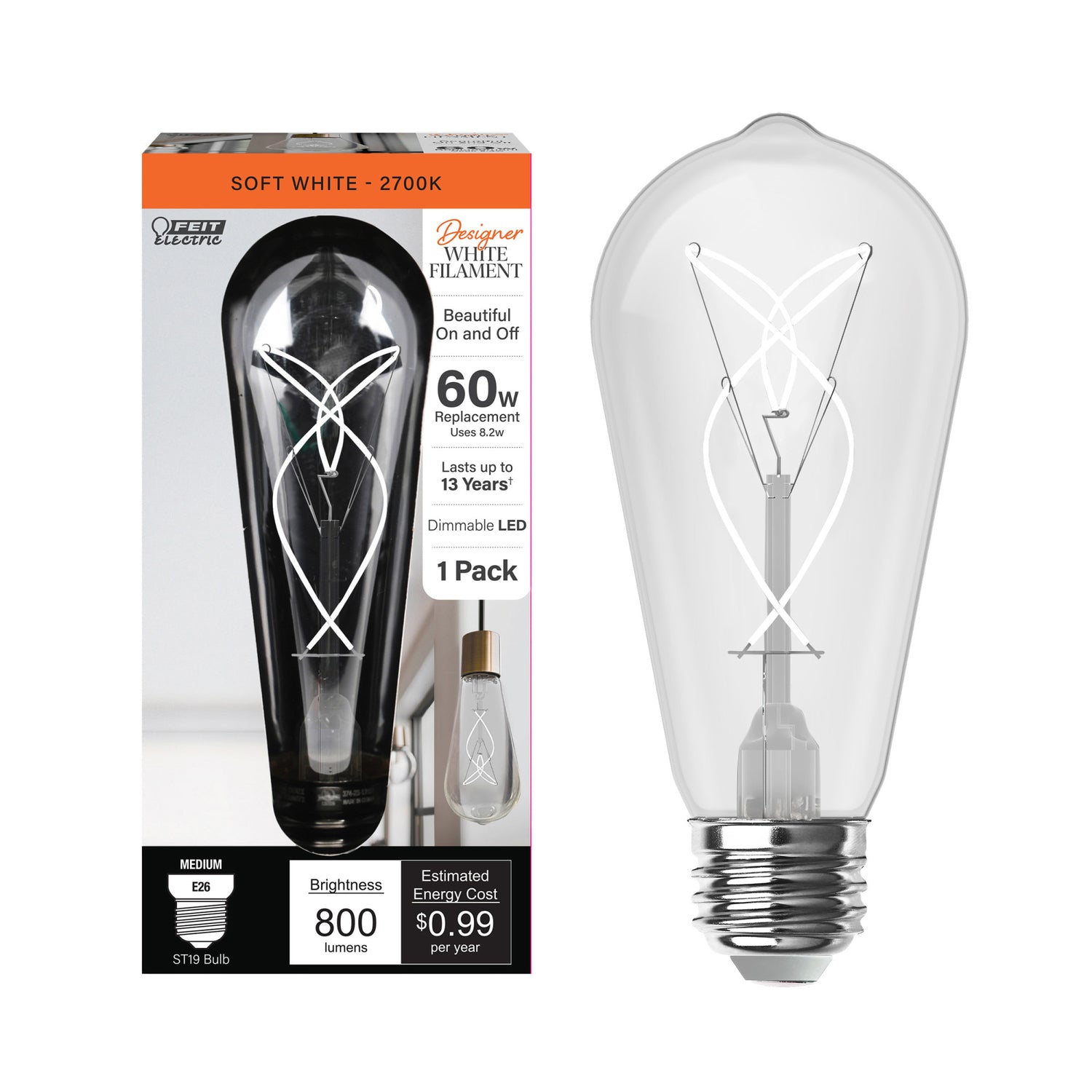 8.2W (60W Equivalent) Soft White (2700K) ST19 Shape (E26 Base) LED Knotted Designer White Filament Bulb