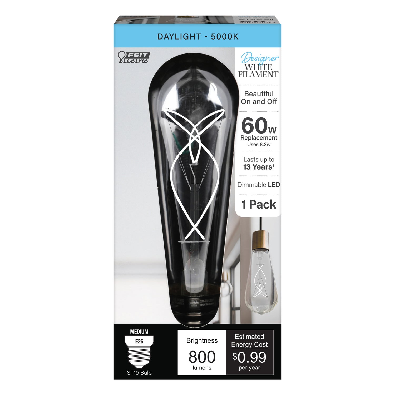 8.2W (60W Equivalent) Daylight (5000K) ST19 Shape (E26 Base) LED Designer White Filament Bulb