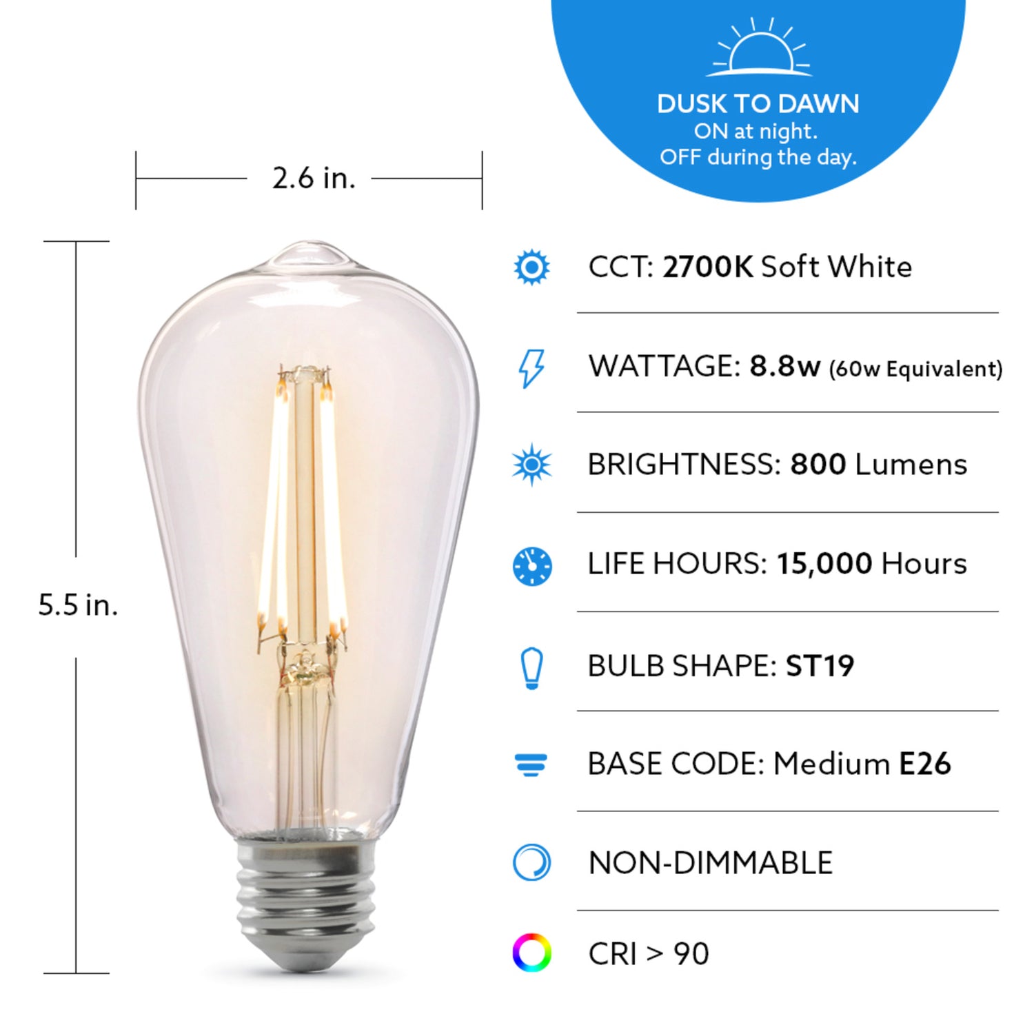 8.8W (60W Replacement) Soft White (2700K) E26 Base ST19 Dusk to Dawn Filament LED Light Bulb