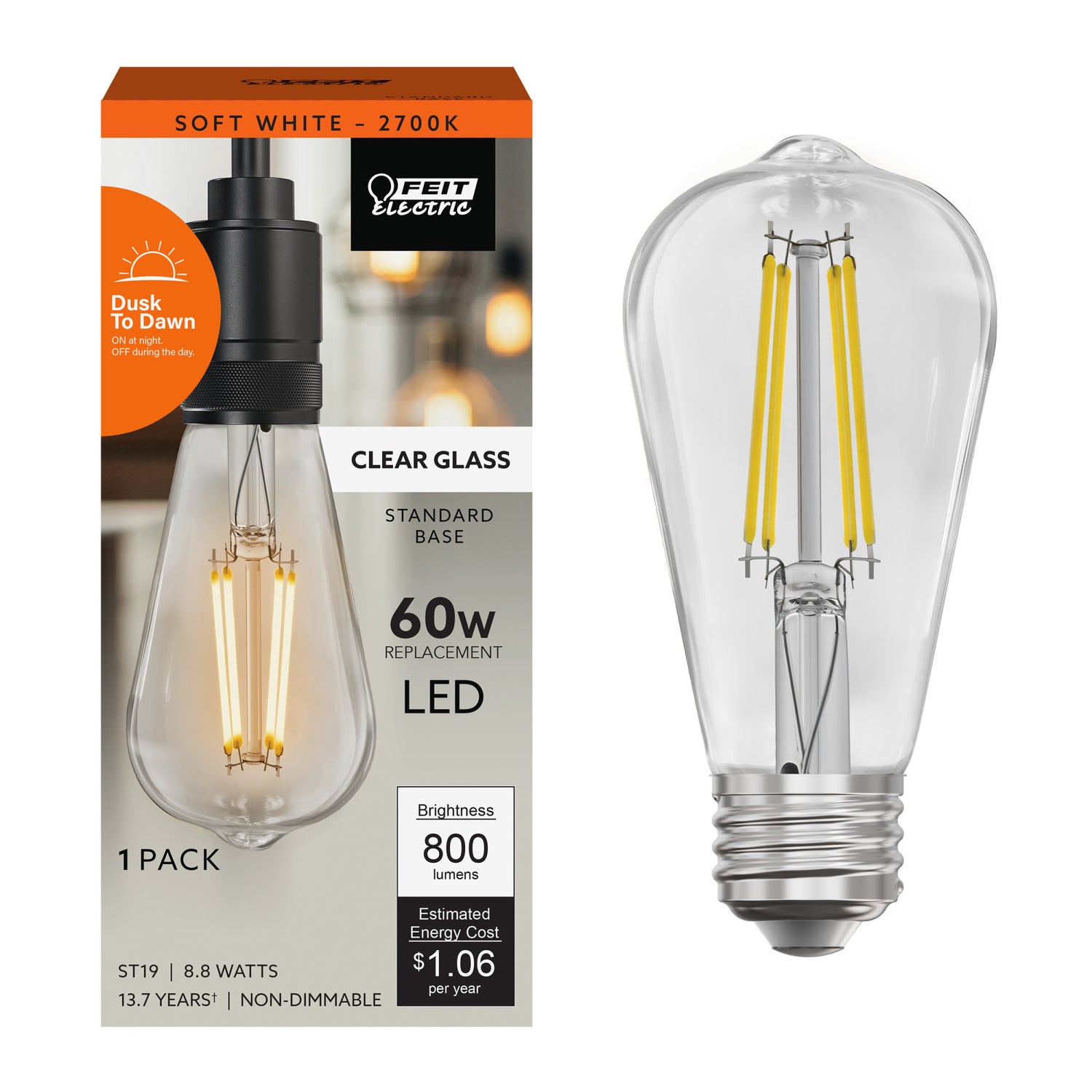 60W Replacement ST19 Soft White Dusk to Dawn Filament LED