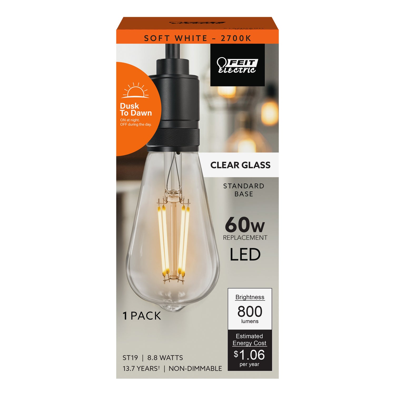 60W Replacement ST19 Soft White Dusk to Dawn Filament LED