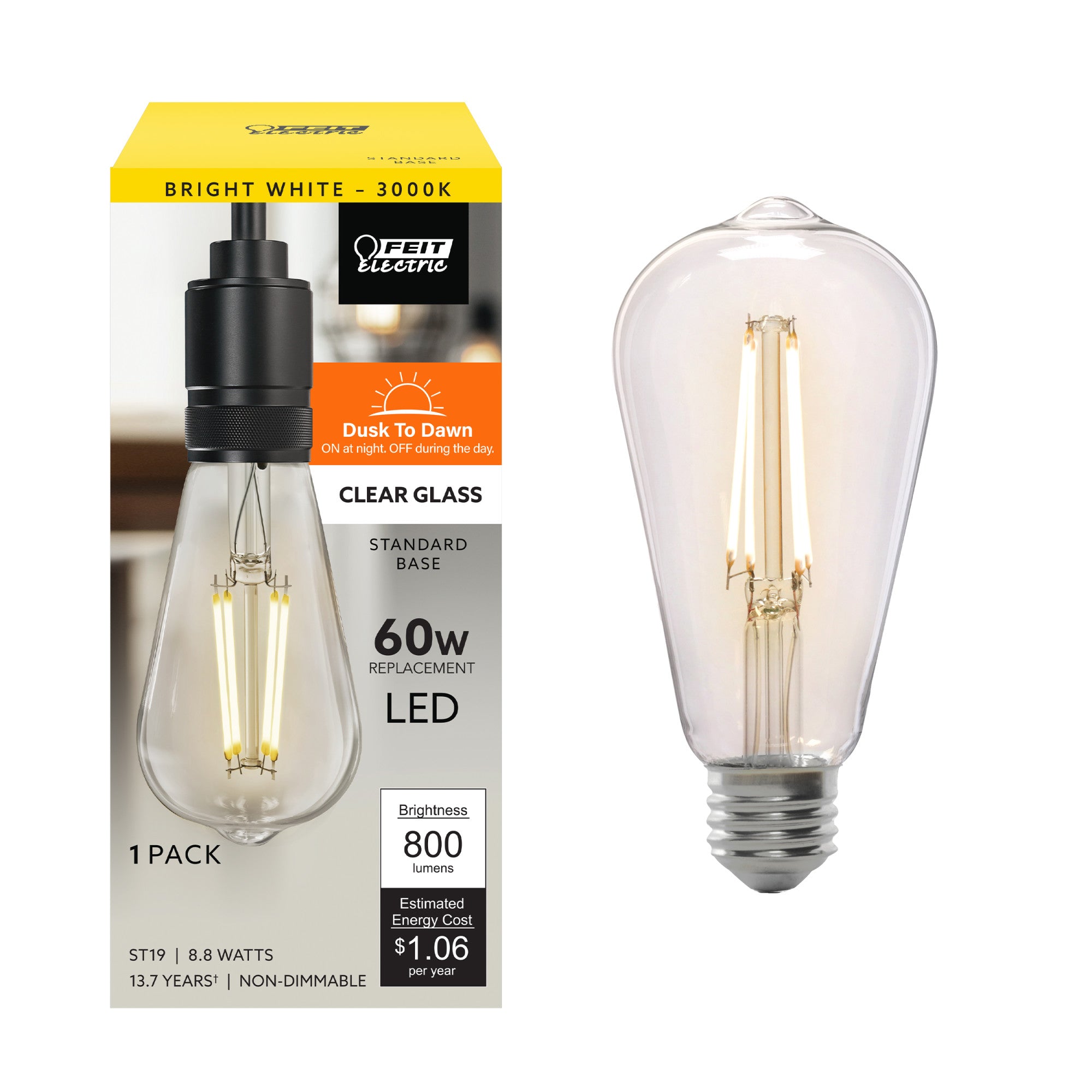 8.8W (60W Replacement) Bright White (3000K) ST19 E26 Base Dusk To