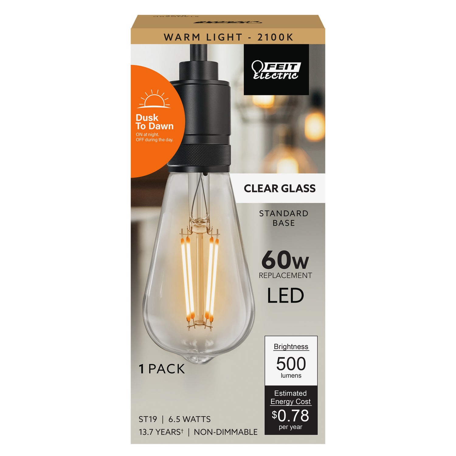 60W Replacement ST19 2100K Clear Glass Dusk to Dawn Filament LED
