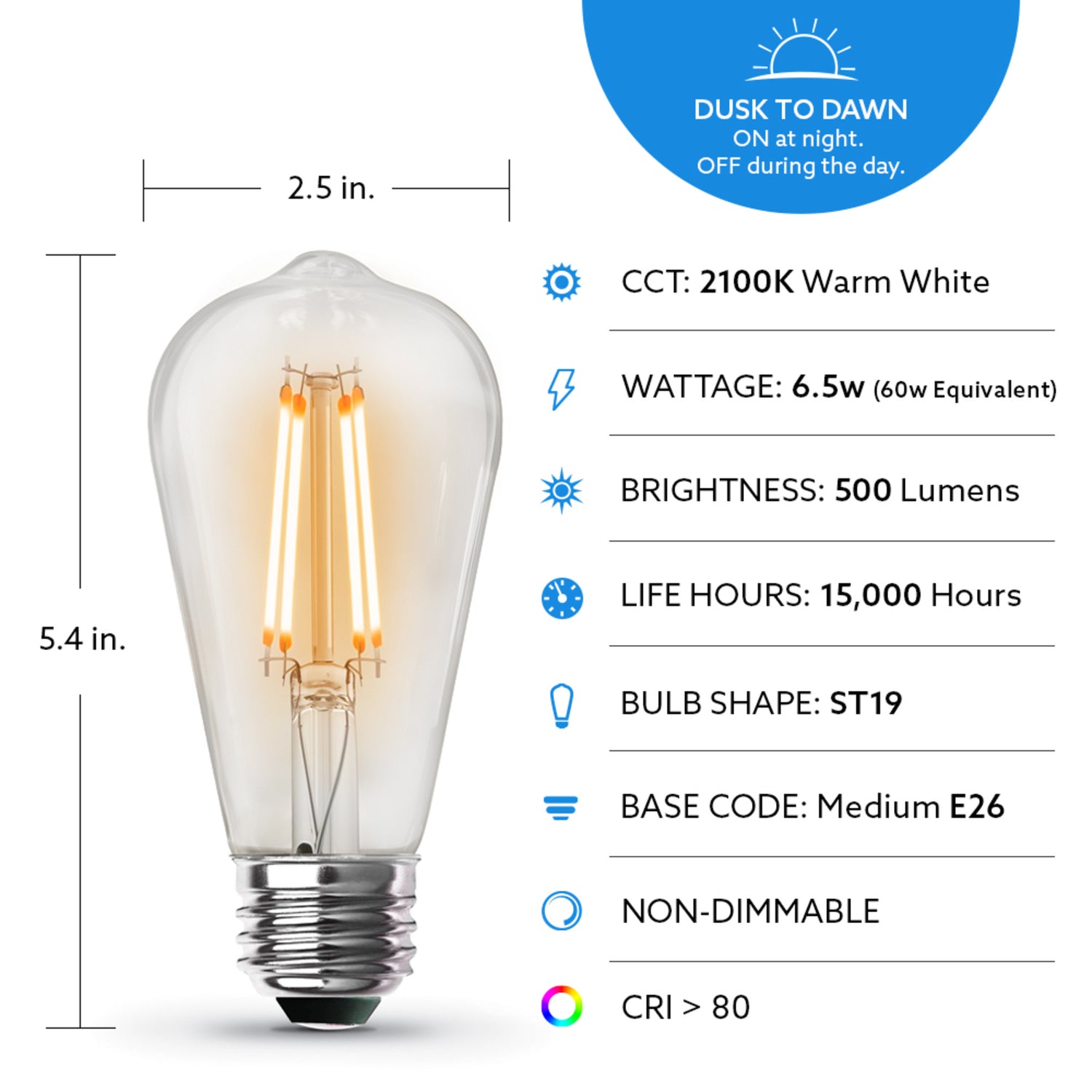 60W Replacement ST19 2100K Clear Glass Dusk to Dawn Filament LED