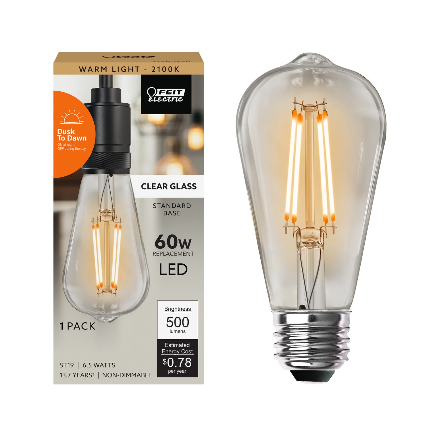 60W Replacement ST19 2100K Clear Glass Dusk to Dawn Filament LED