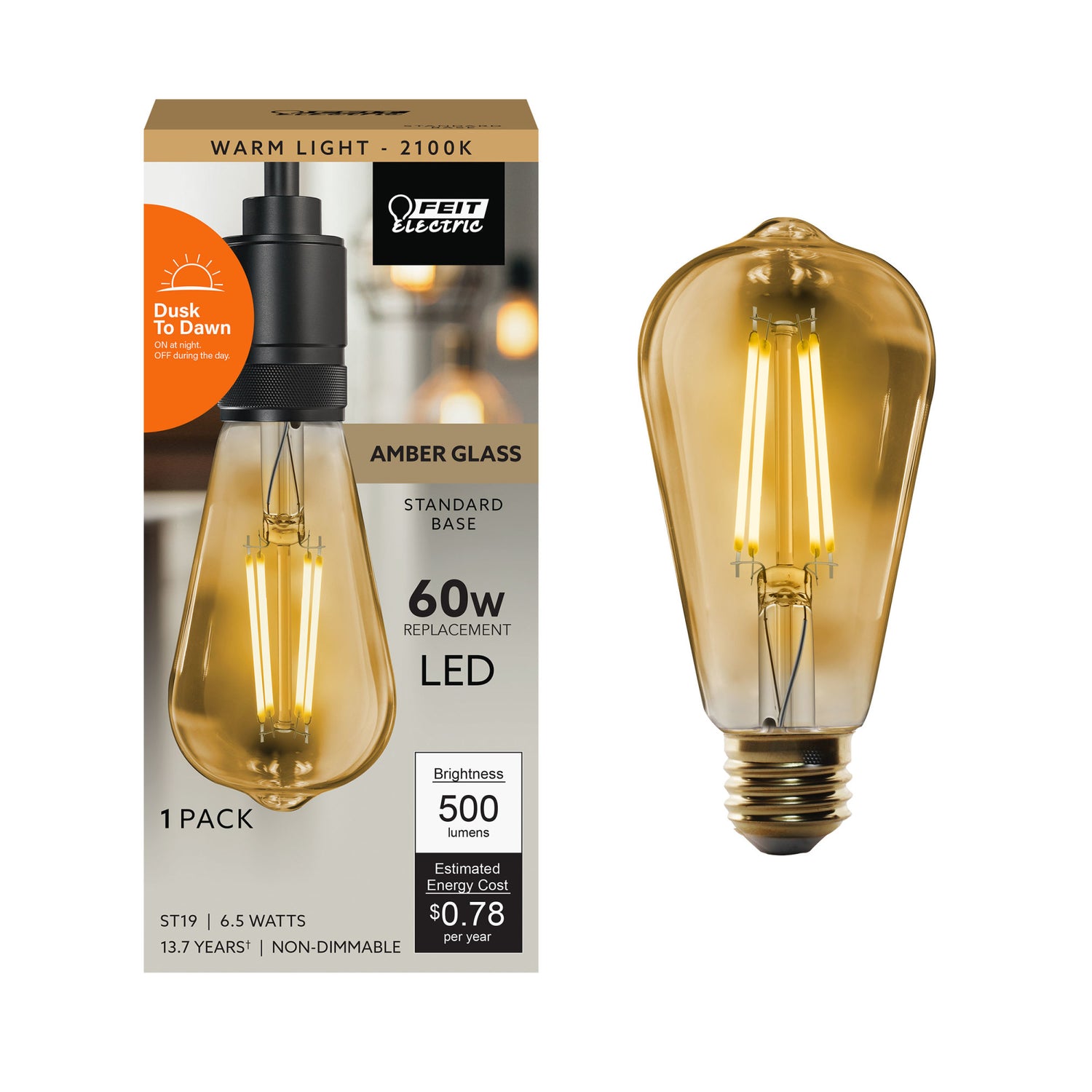 6.5W (60W Replacement) Warm Light (2100K) E26 Base ST19 Dusk to Dawn Amber Glass Filament LED