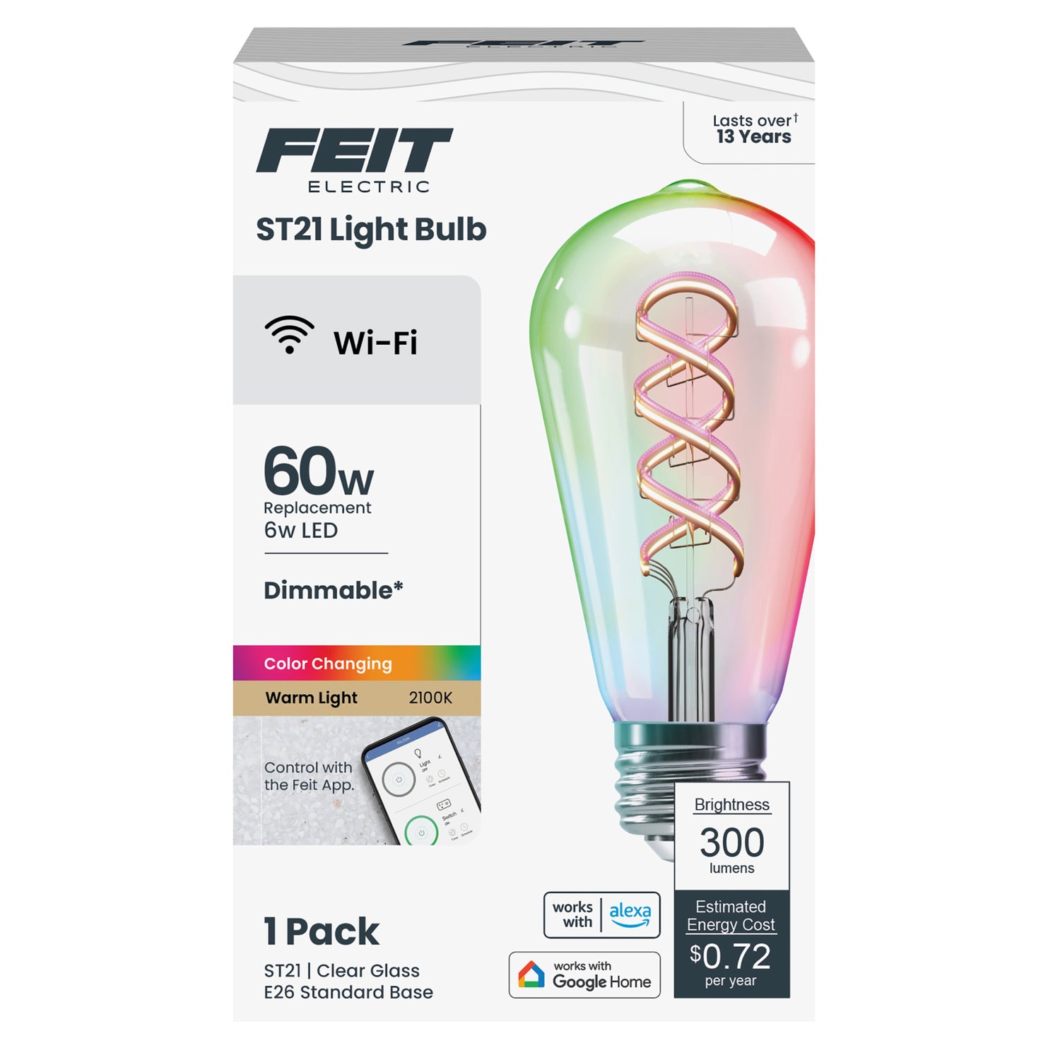 60W Replacement ST21 E26 Dimmable Color Changing Spiral Filament Vintage Decorative Smart Wifi LED Light Bulb