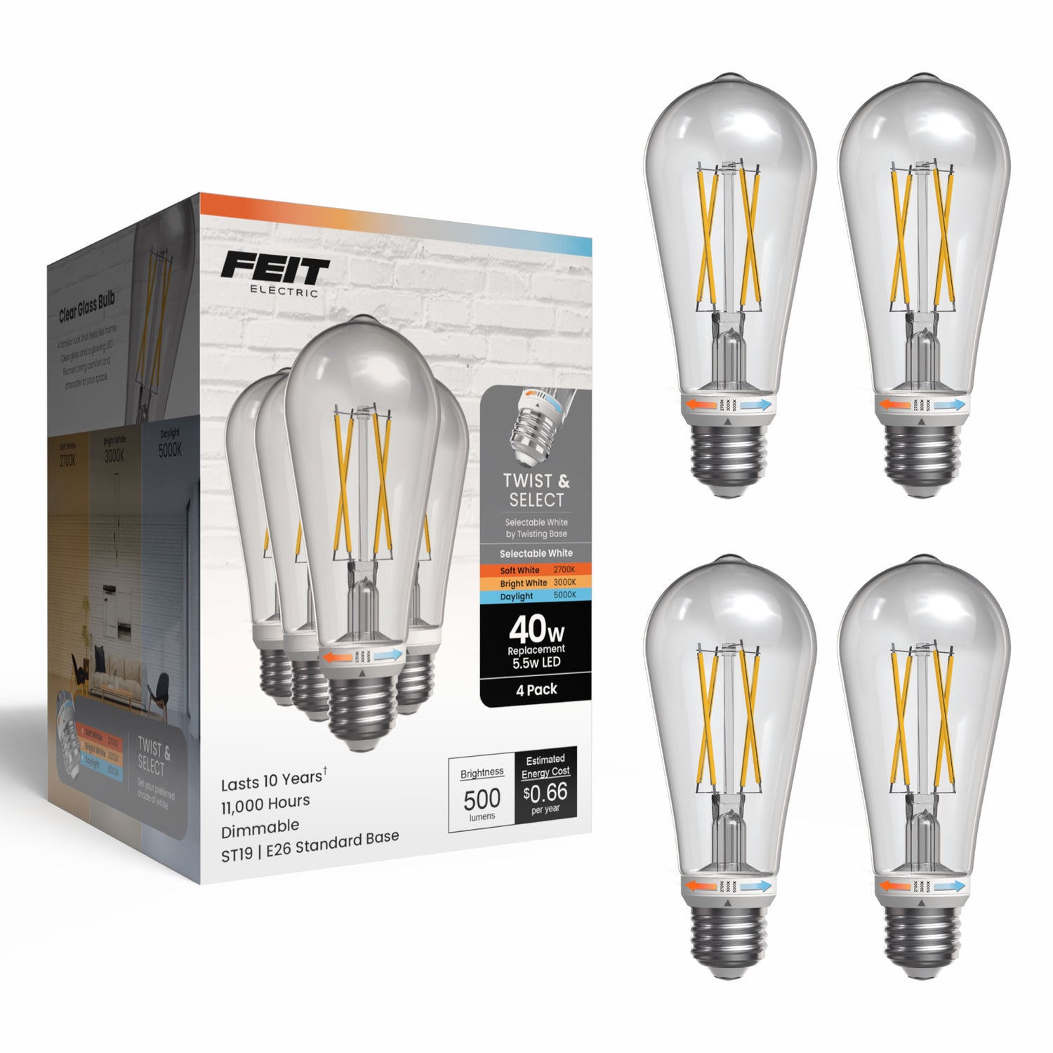 5.5W (40W Replacement) Twist & Select ST19 E26 Dimmable Edison LED Bulb (4-Pack)