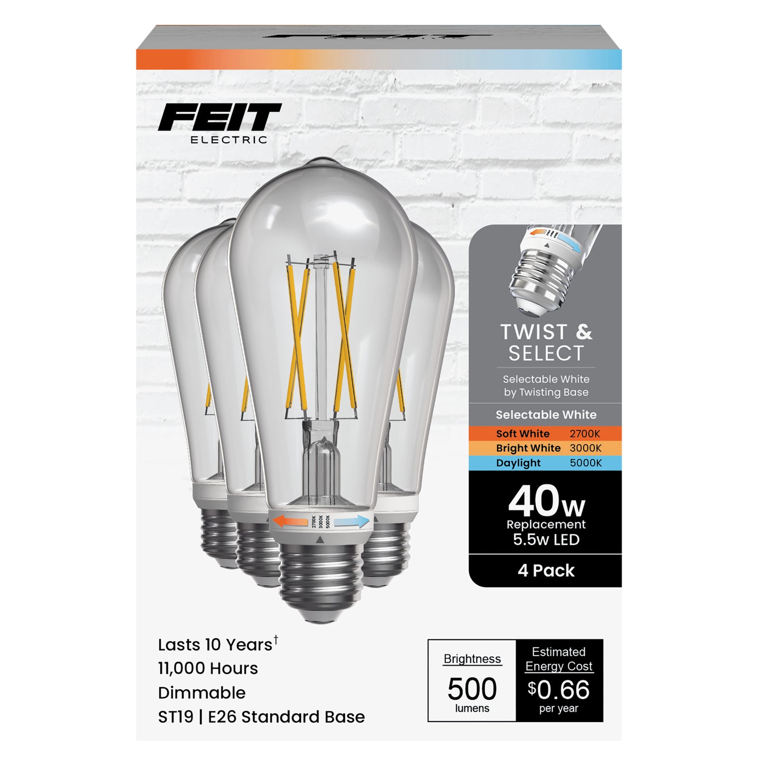 5.5W (40W Replacement) Twist & Select ST19 E26 Dimmable Edison LED Bulb (4-Pack)