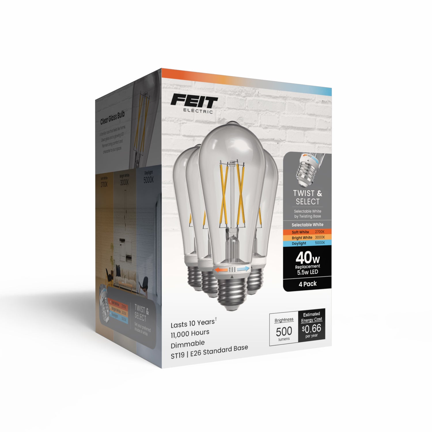 5.5W (40W Replacement) Twist & Select ST19 E26 Dimmable Edison LED Bulb (4-Pack)